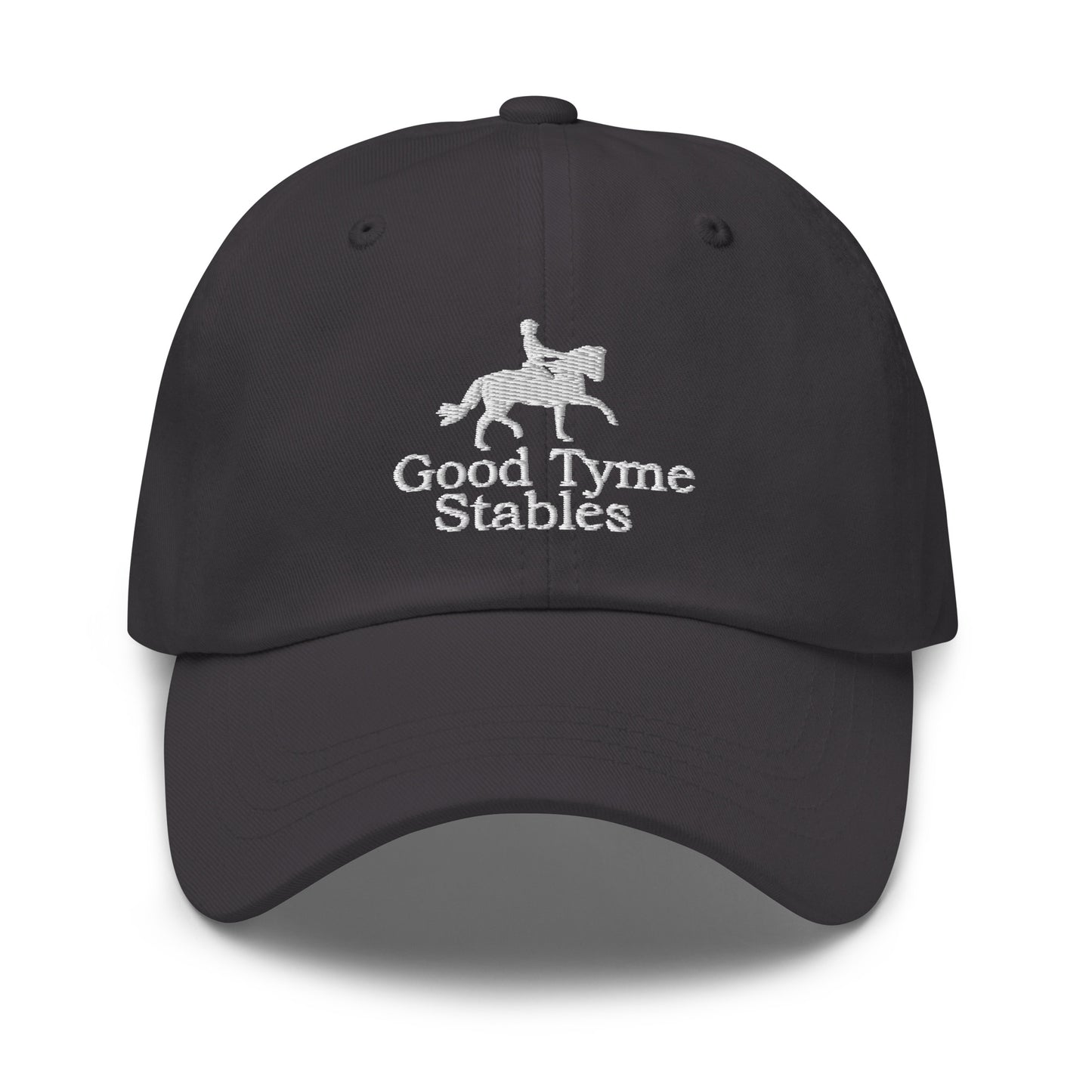 Adjustable Cap "GOOD TYME STABLES" Embroidered in Classic White on Basic Black, French Navy, Barn Red, Racing Green or Storm Grey