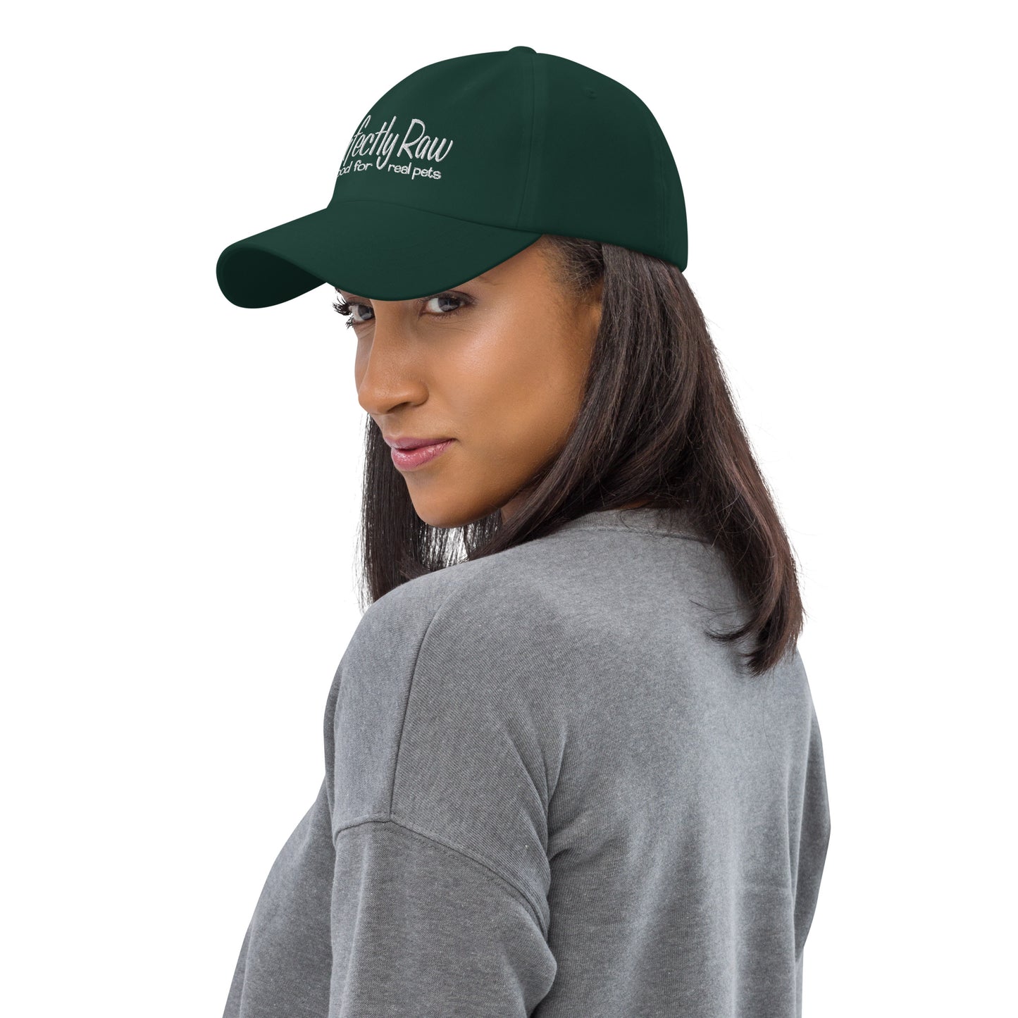 Adjustable Cap "PERFECTLY RAW" Embroidered in Classic White on Basic Black, French Navy, Barn Red, Polo Green or Storm Grey