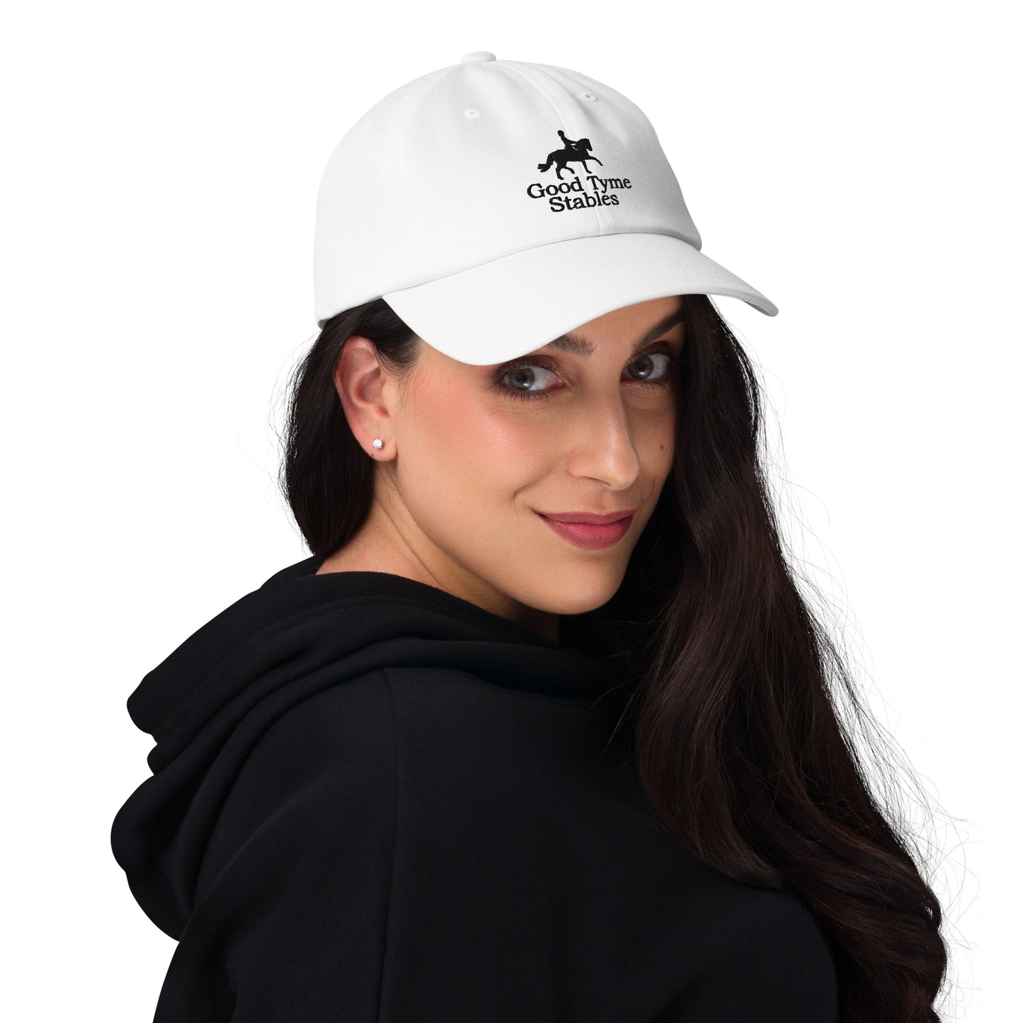 Adjustable Cap "GOOD TYME STABLES" Embroidered in Basic Black on Classic White