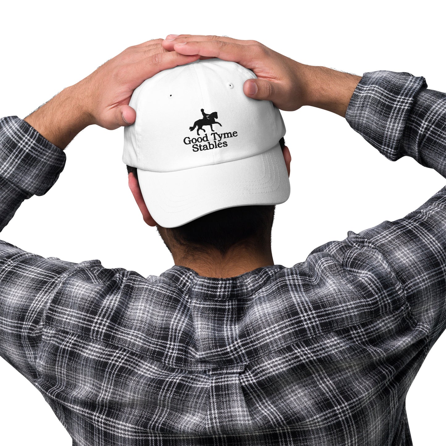 Adjustable Cap "GOOD TYME STABLES" Embroidered in Basic Black on Classic White