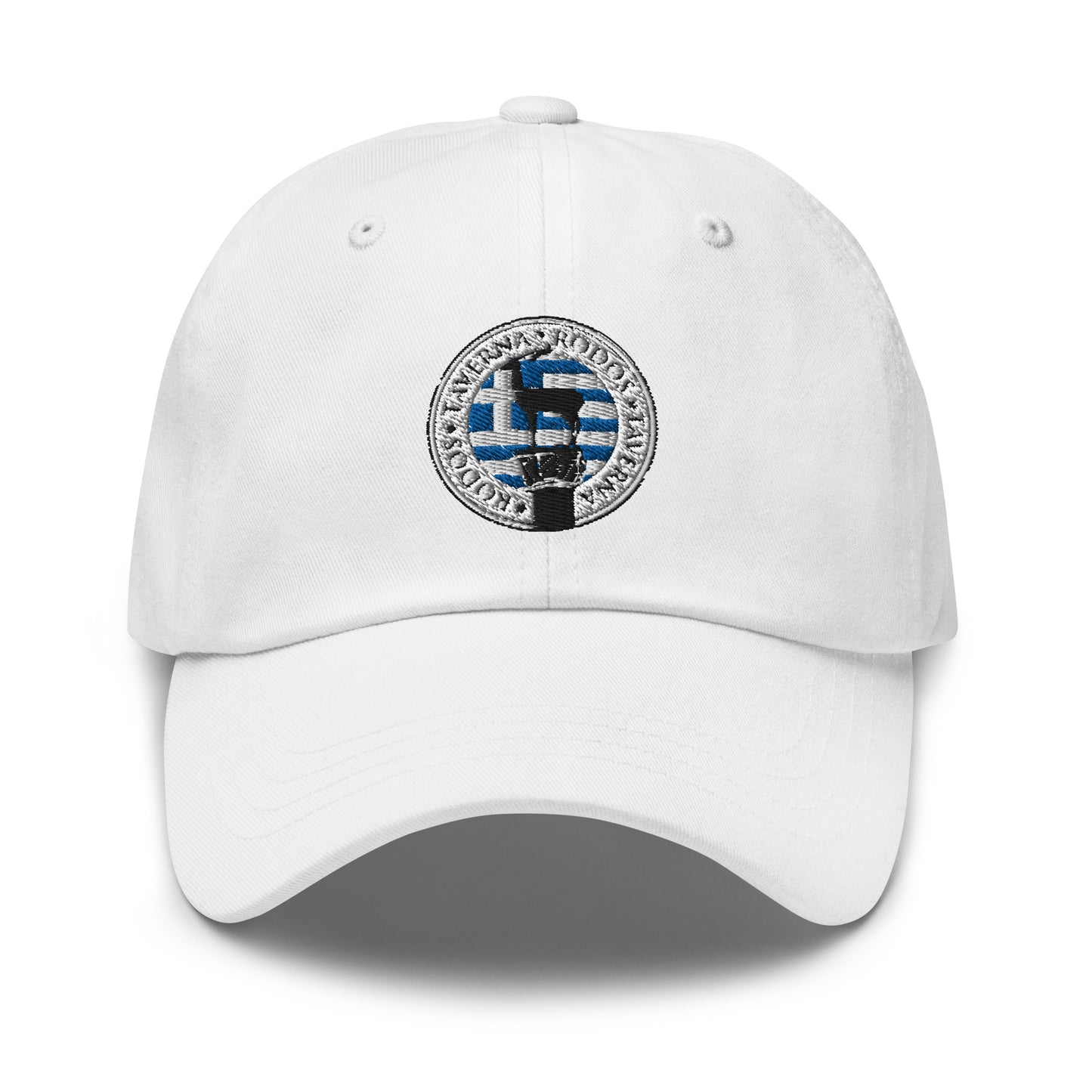 Adjustable Cap "TAVERNA RODOS" Embroidered in Classic White & Royal Blue on Basic Black or Classic White