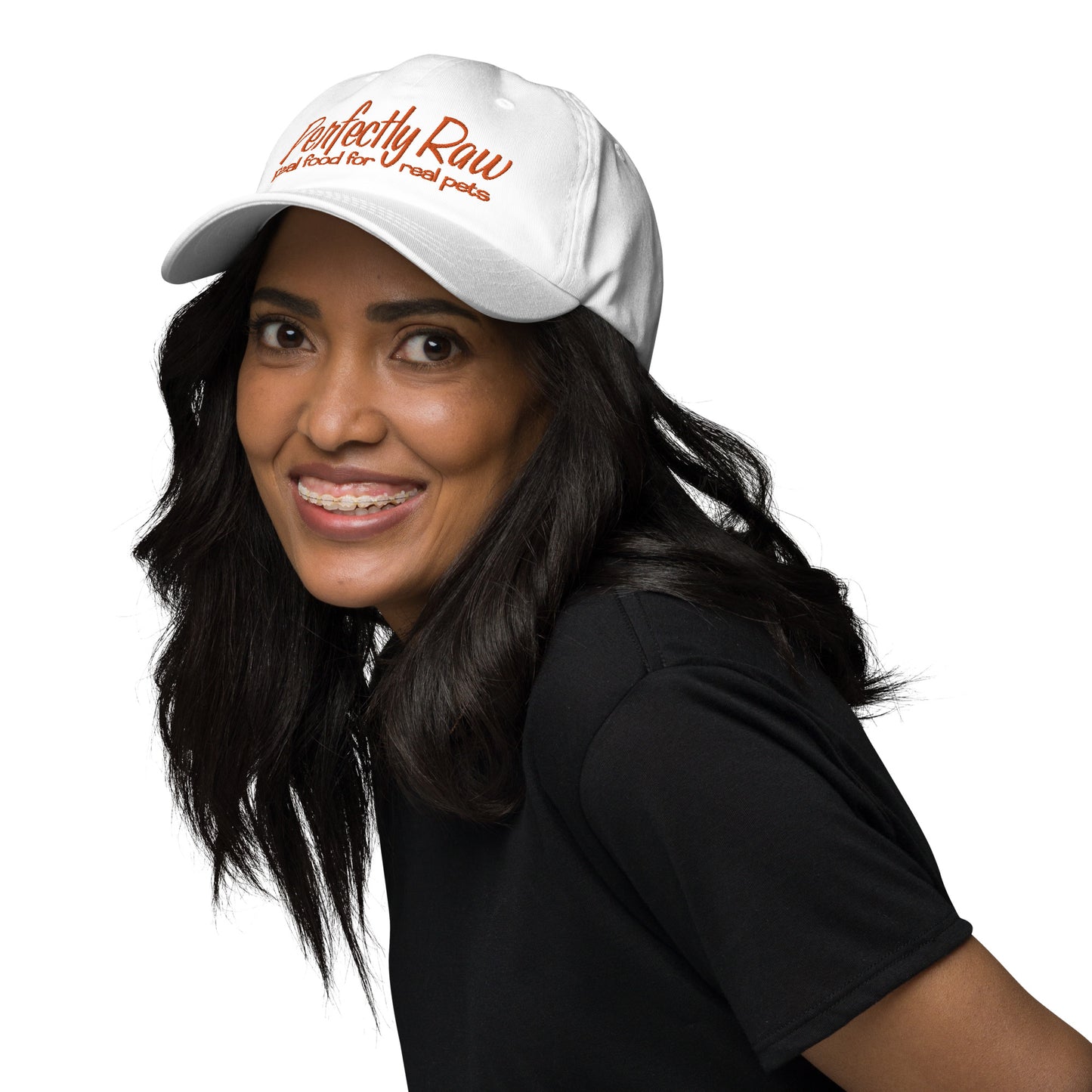 Adjustable Cap "PERFECTLY RAW" Embroidered in Pumpkin Orange on Basic Black or Classic White