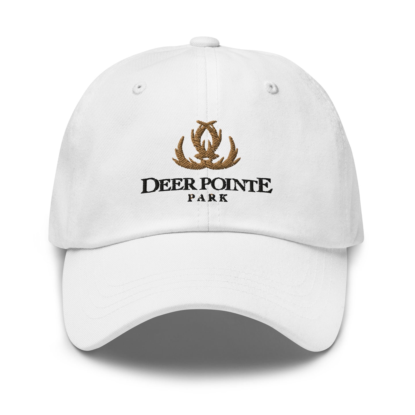Adjustable Cap "DEER POINTE PARK" Embroidered in Basic Black & Old Gold on Classic White