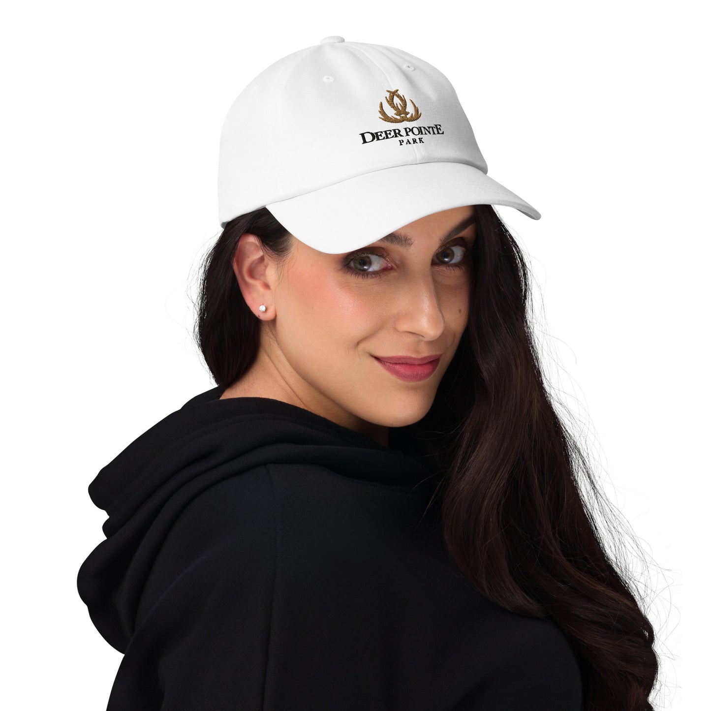 Adjustable Cap "DEER POINTE PARK" Embroidered in Basic Black & Old Gold on Classic White