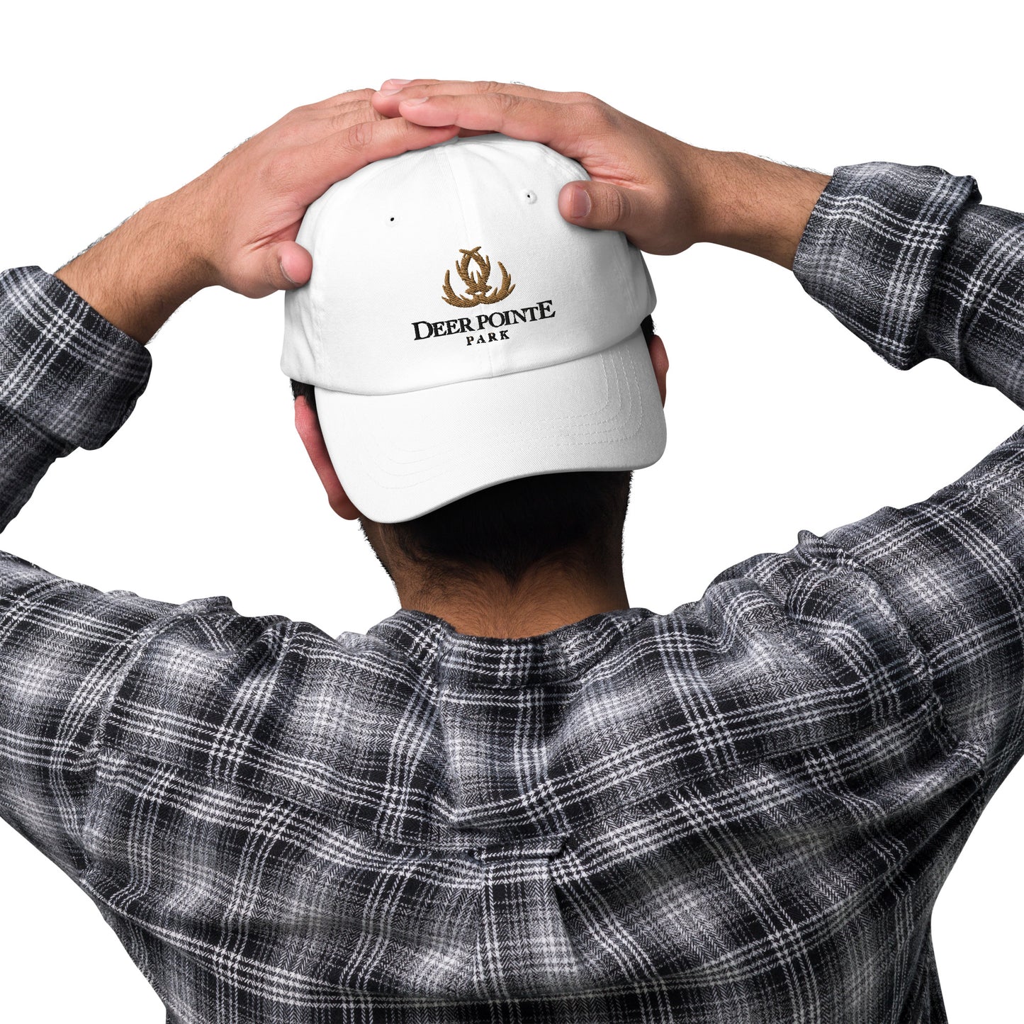 Adjustable Cap "DEER POINTE PARK" Embroidered in Basic Black & Old Gold on Classic White