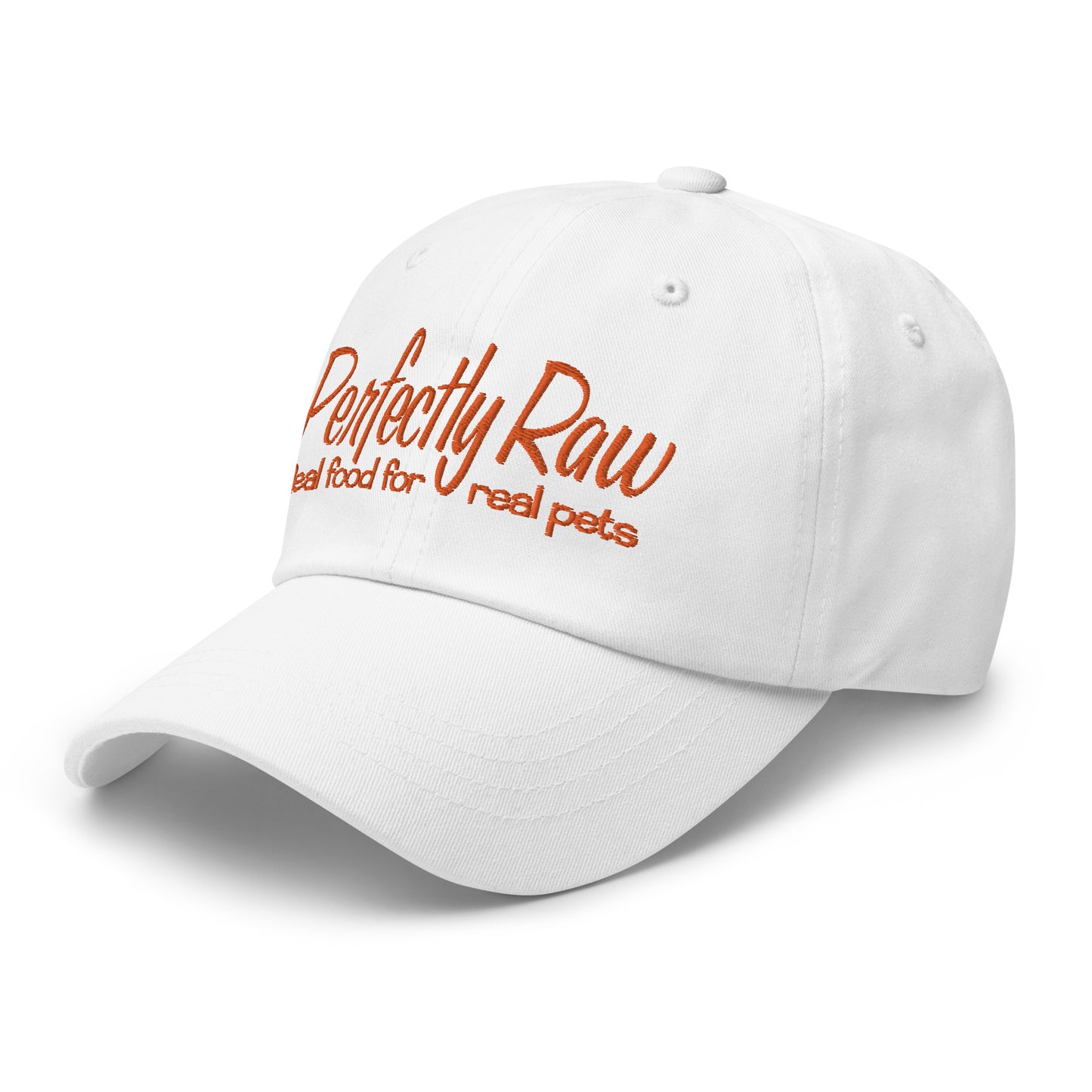 Adjustable Cap "PERFECTLY RAW" Embroidered in Pumpkin Orange on Basic Black or Classic White