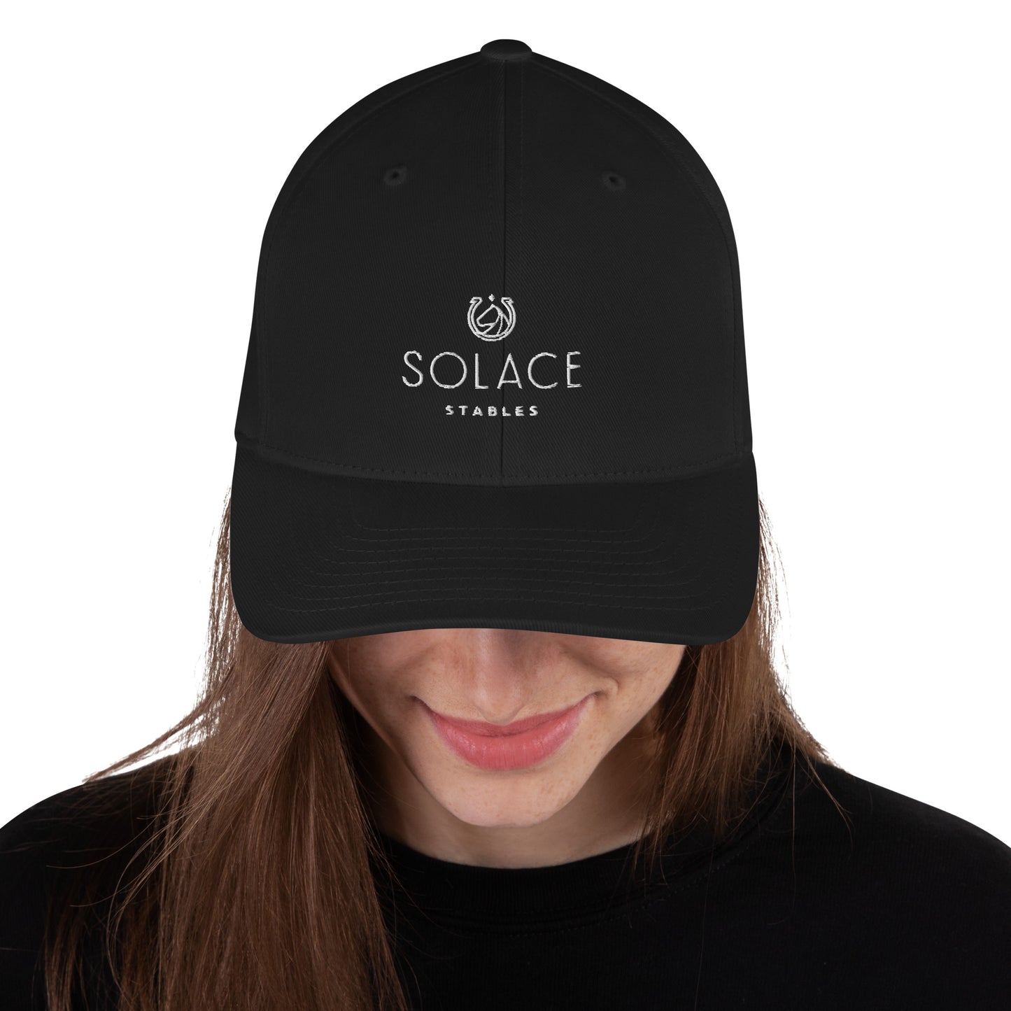 Structured Cap "SOLACE STABLES" Embroidered in Classic White on Basic Black