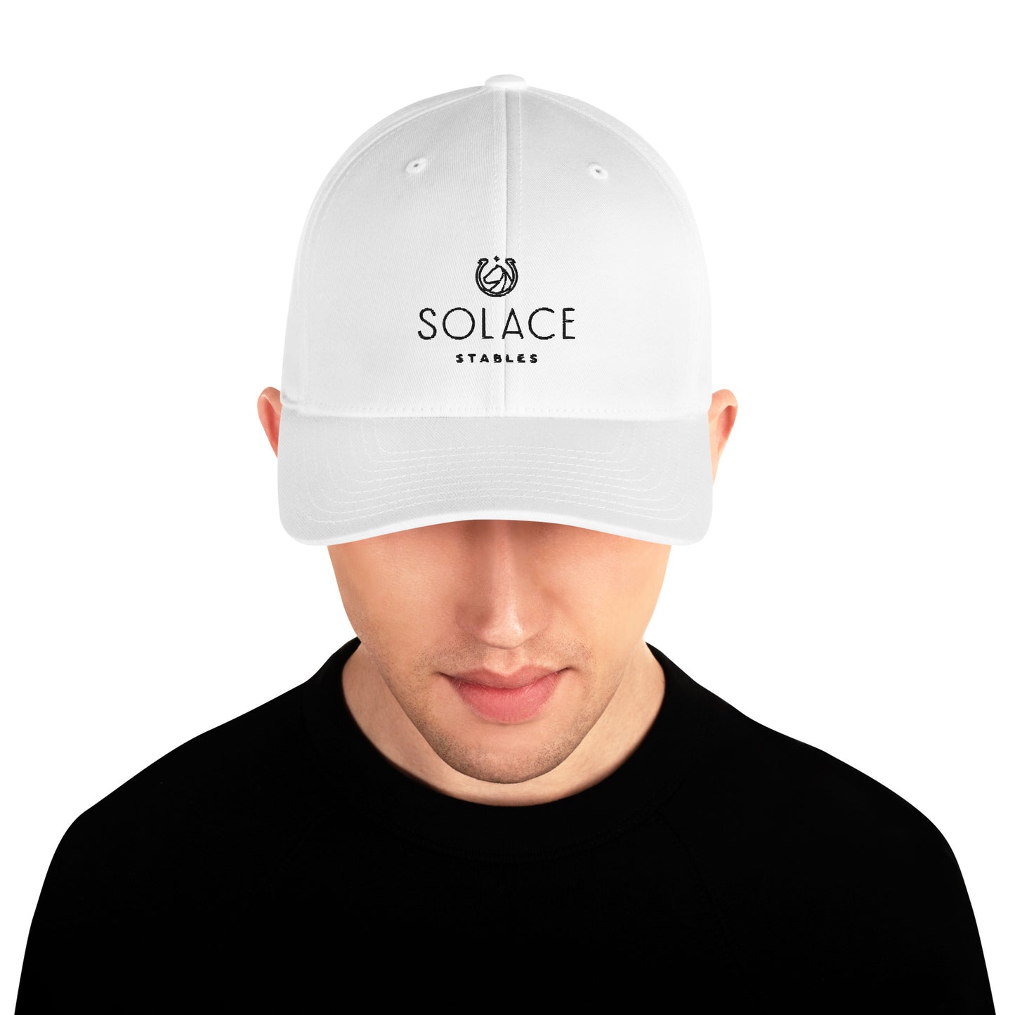 Structured Cap "SOLACE STABLES" Embroidered in Basic Black on Classic White