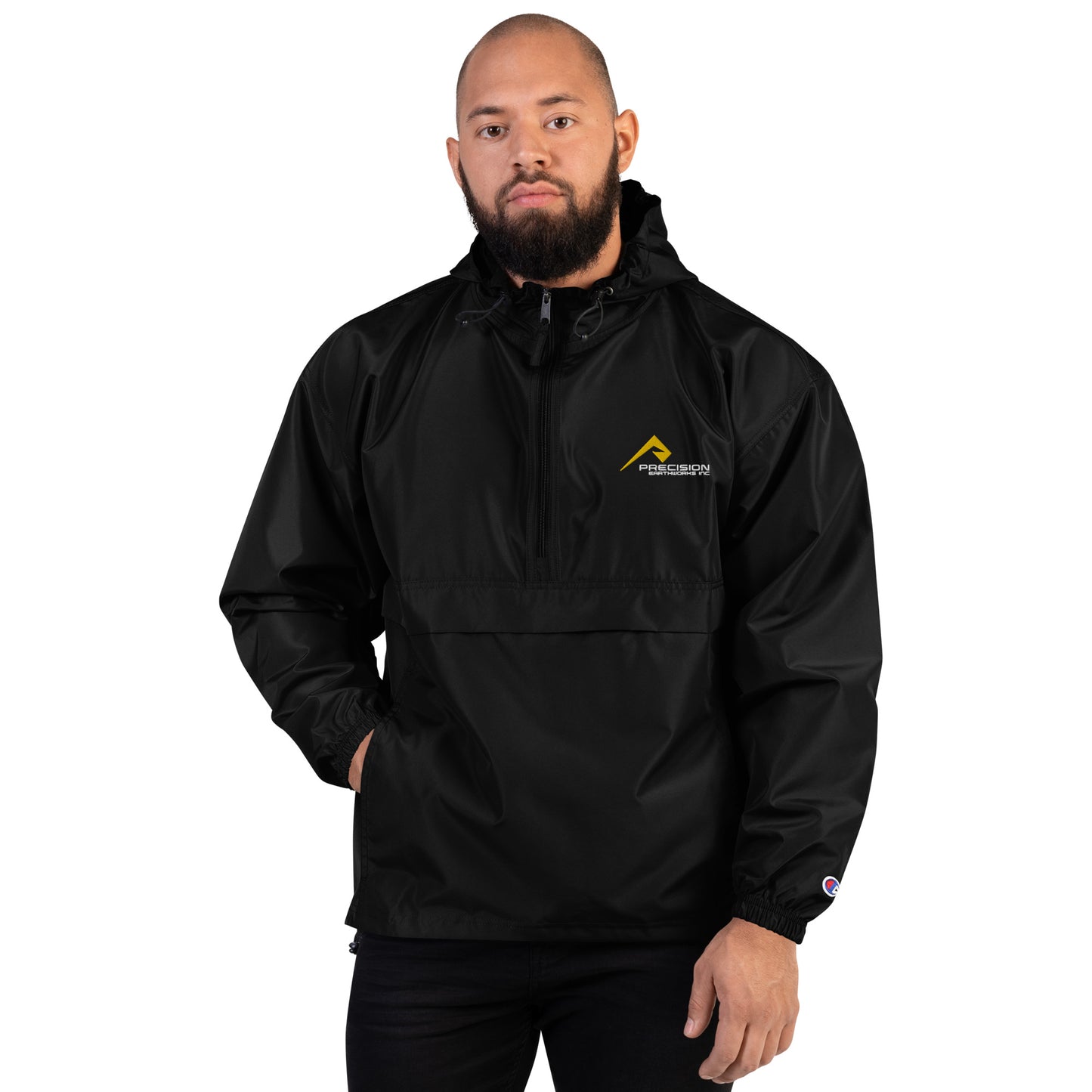 Adult Jacket "PRECISION EARTHWORKS INC" Embroidered in Classic White & Gold on Basic Black
