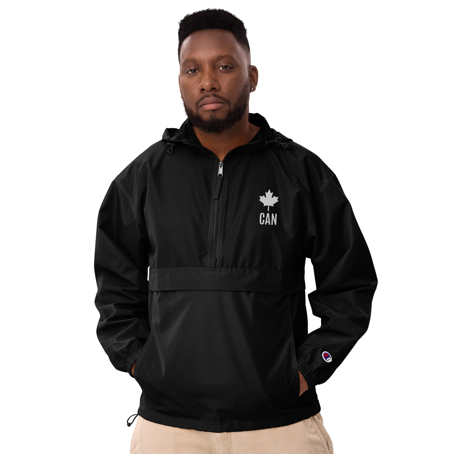 Adult Jacket "CAN" Maple Leaf Embroidered in Classic White on Basic Black