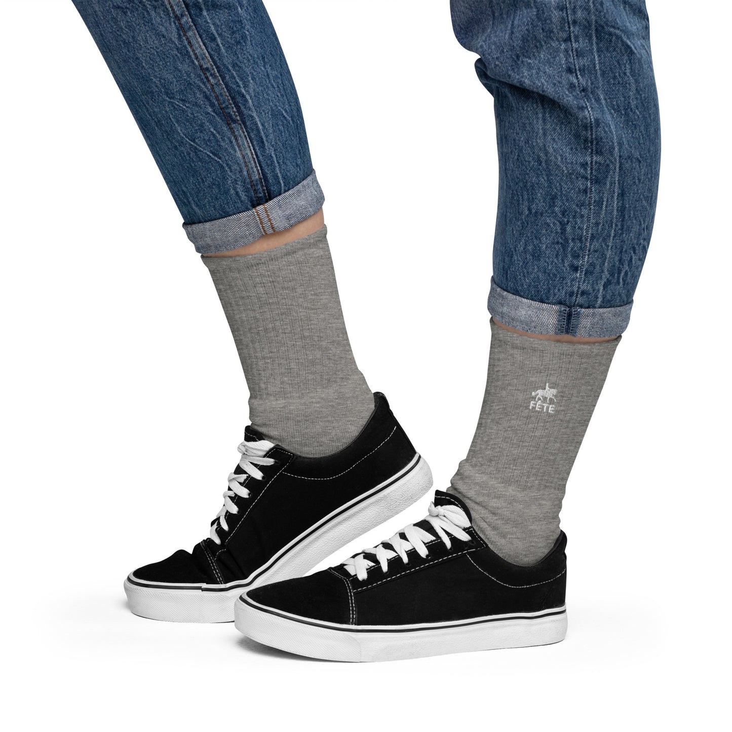 Crew Socks "FÊTE" Equestrian Embroidered in Classic White on Basic Black or Heather Grey
