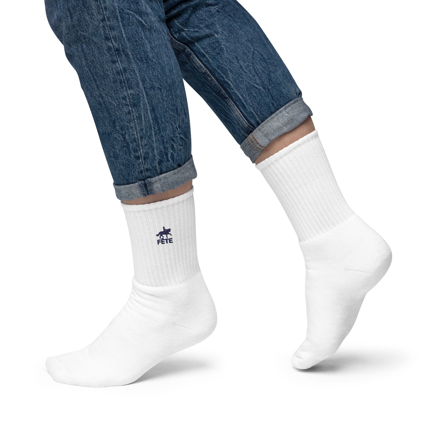 Crew Socks "FÊTE" Equestrian Embroidered in Basic Black on Classic White