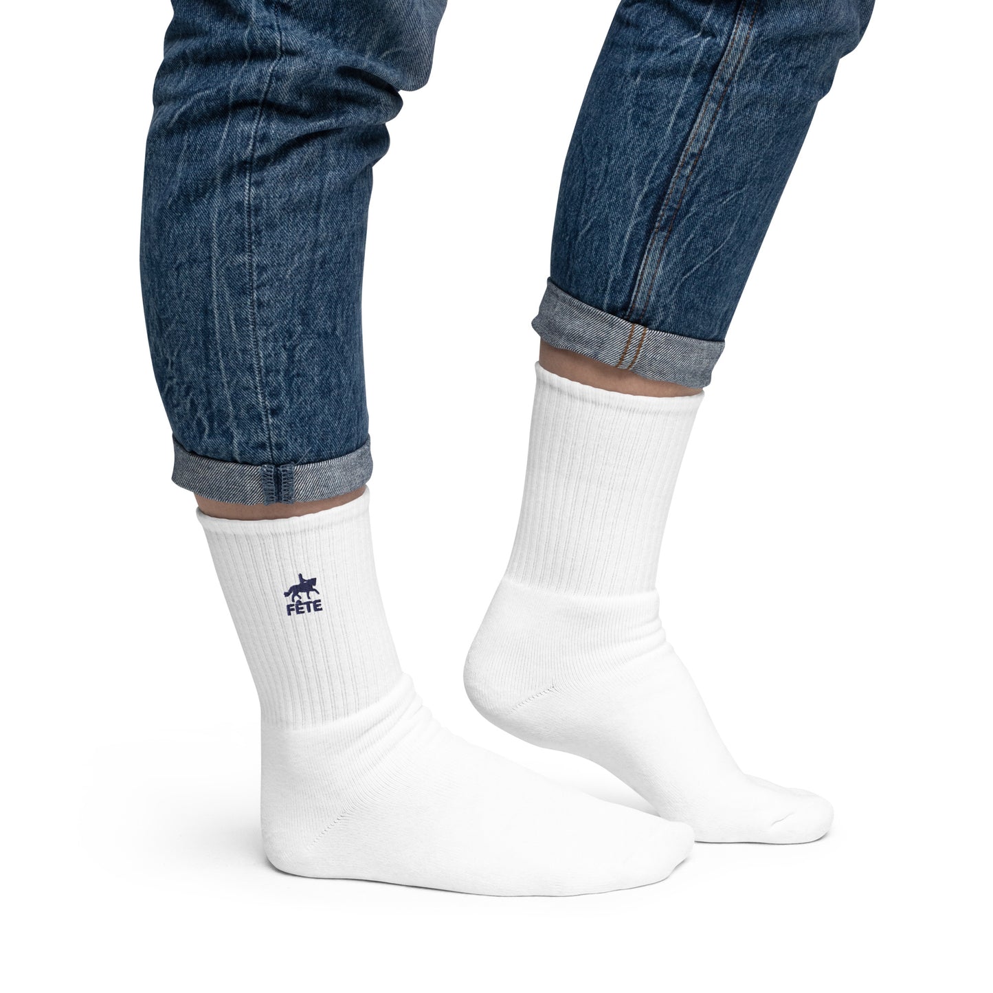 Crew Socks "FÊTE" Equestrian Embroidered in Basic Black on Classic White