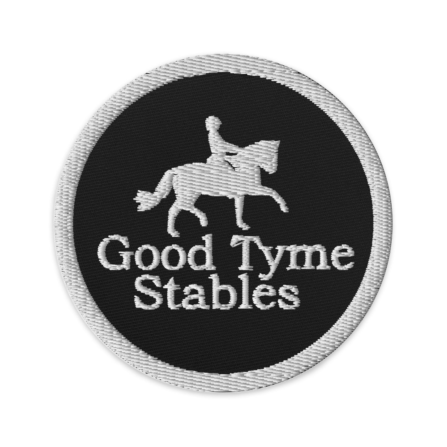 Circular Patch "GOOD TYME STABLES" Embroidered in Classic White on Basic Black