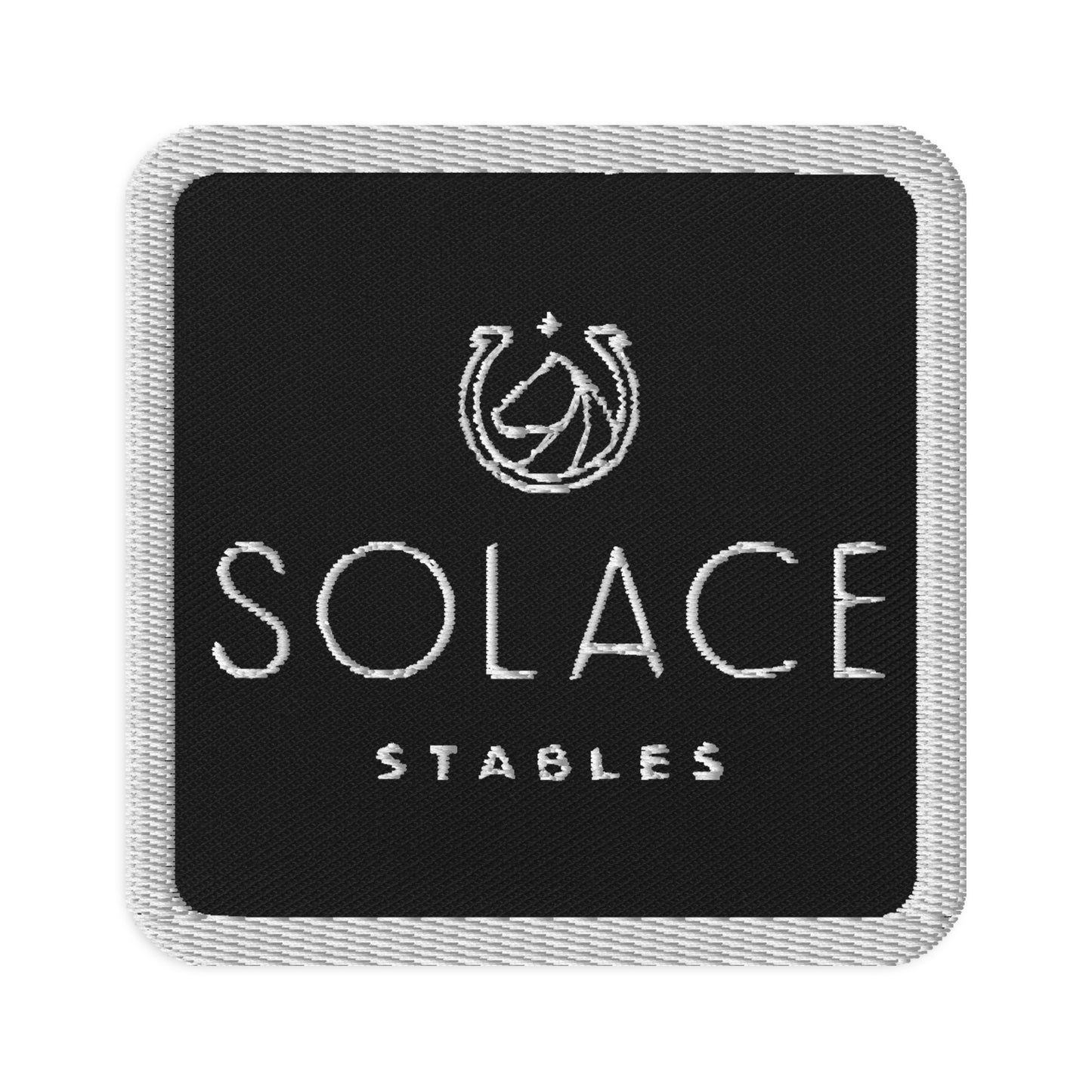 Square Patch "SOLACE STABLES" Embroidered in Classic White on Basic Black