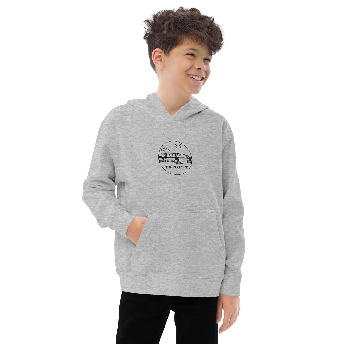 Children's Fleece Hoodie "HEADINGLEY, MB" Embroidered in Basic Black on Classic White or Heather Grey
