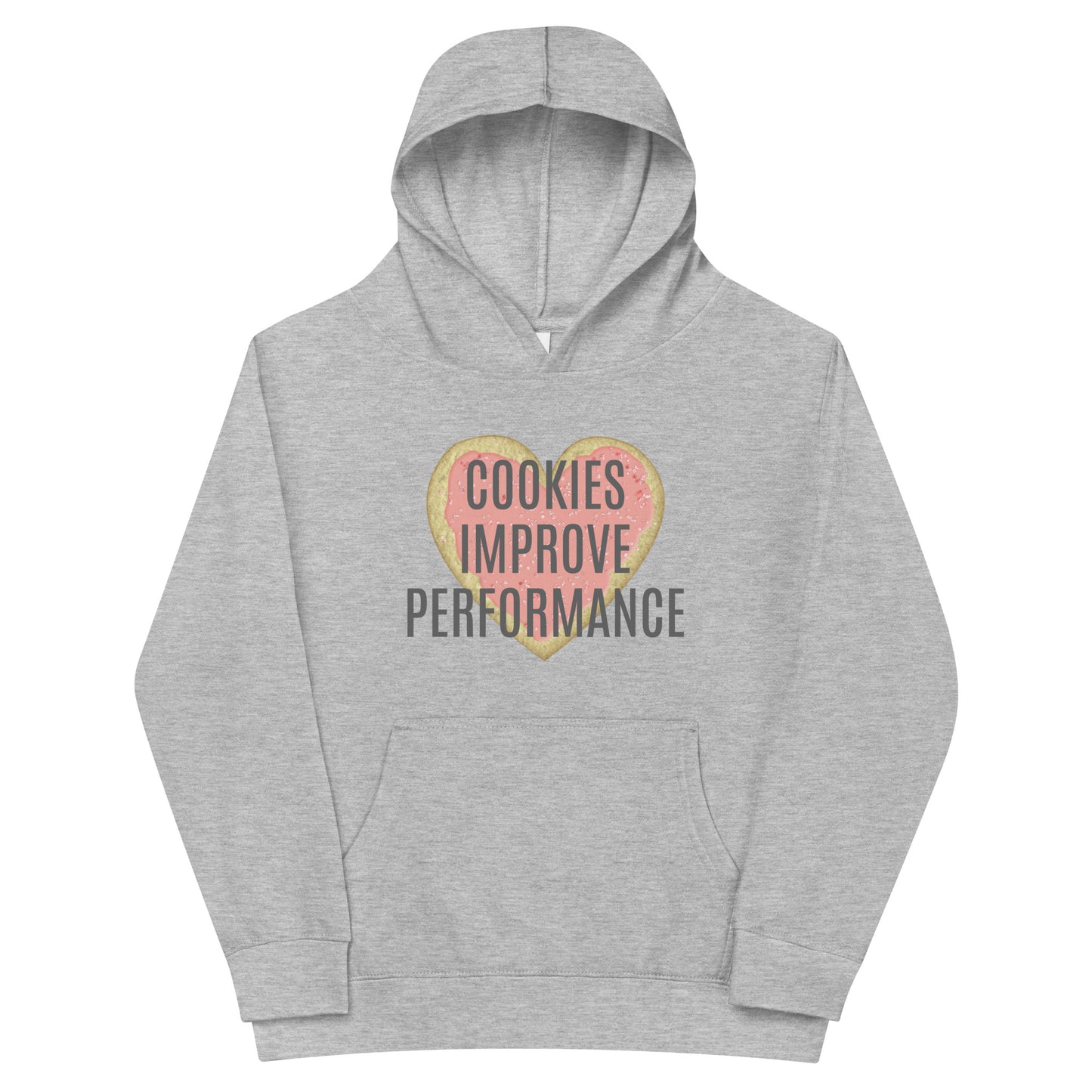 Children's Fleece Hoodie "COOKIES IMPROVE PERFORMANCE" Heart in Classic White or Heather Grey