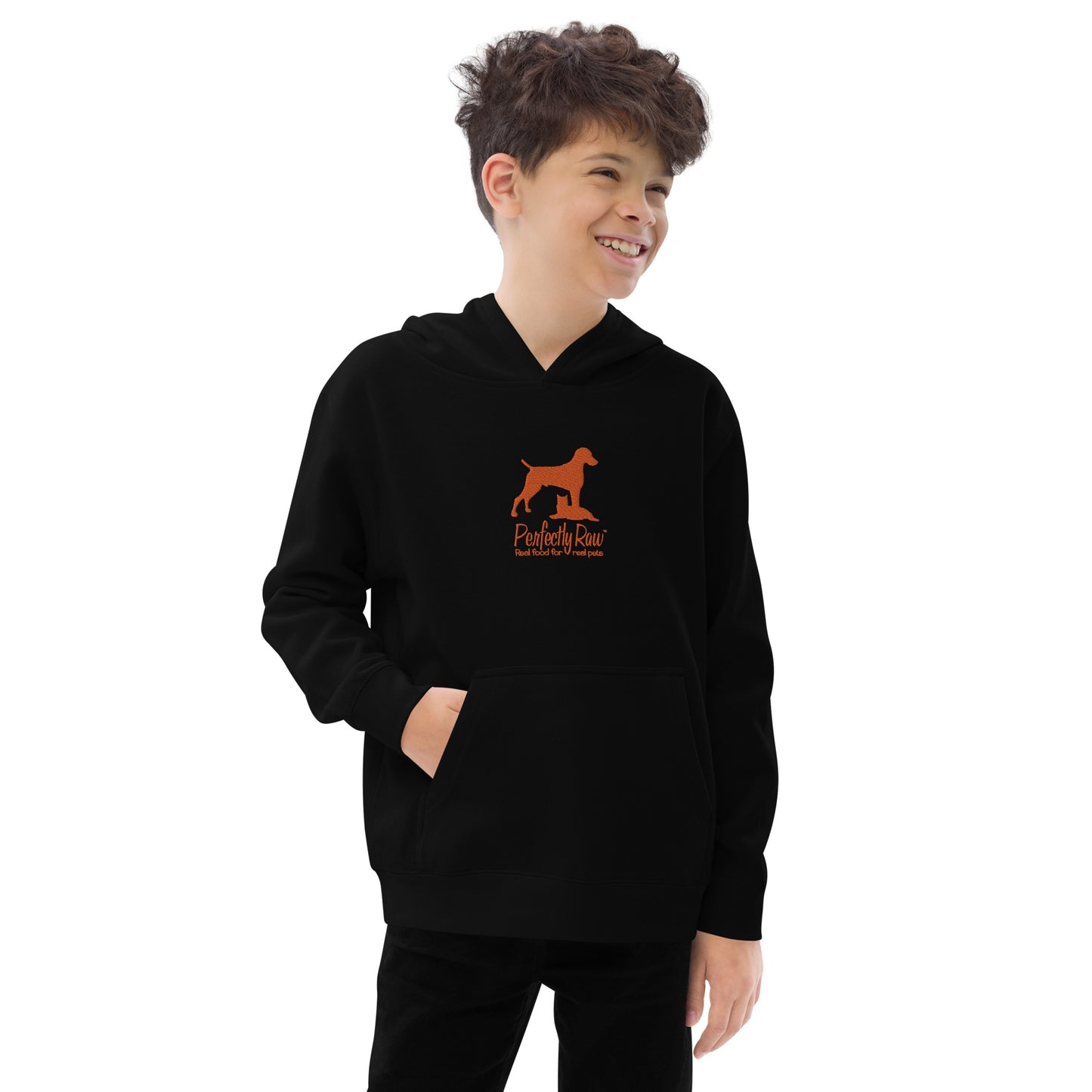Children's Fleece Hoodie "PERFECTLY RAW PET FOOD" Embroidered in Pumpkin Orange on Classic White or Basic Black
