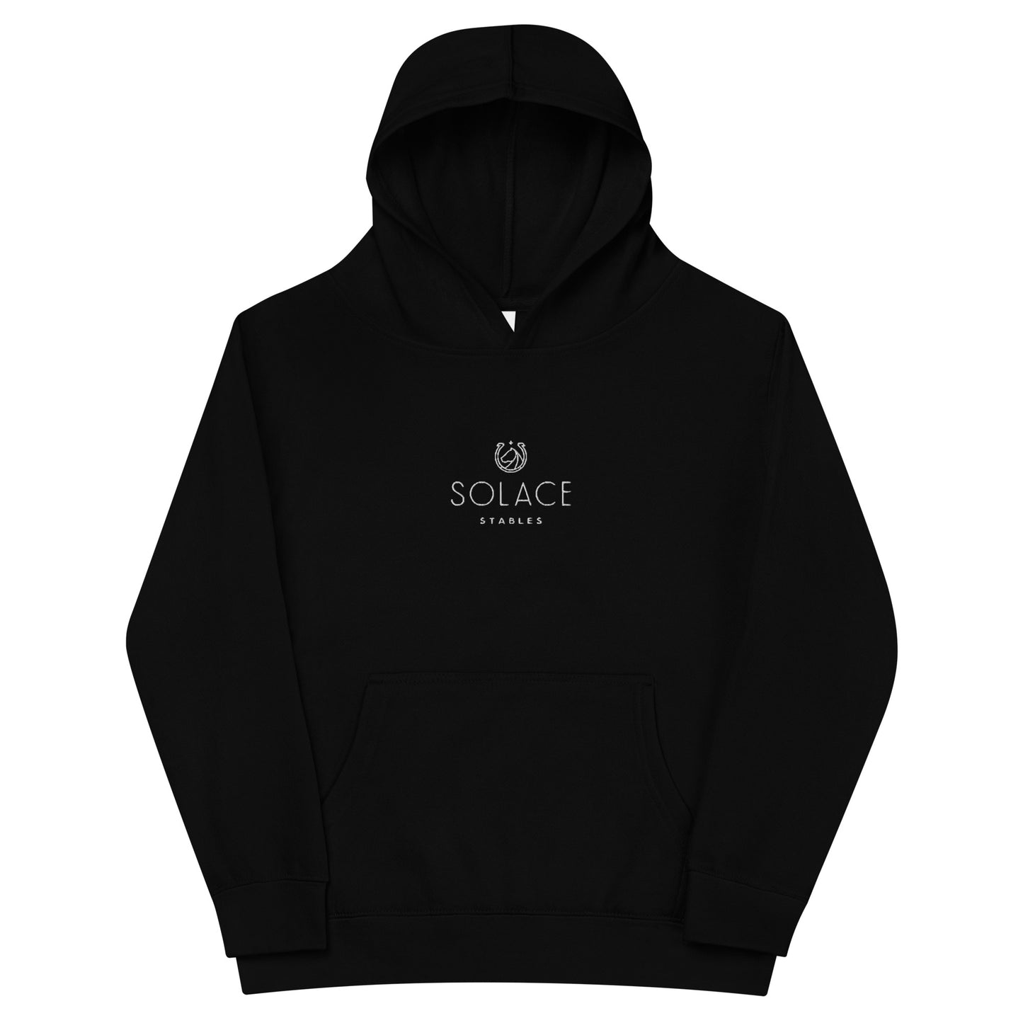 Children's Fleece Hoodie "SOLACE STABLES" Embroidered in Classic White on Basic Black or French Navy