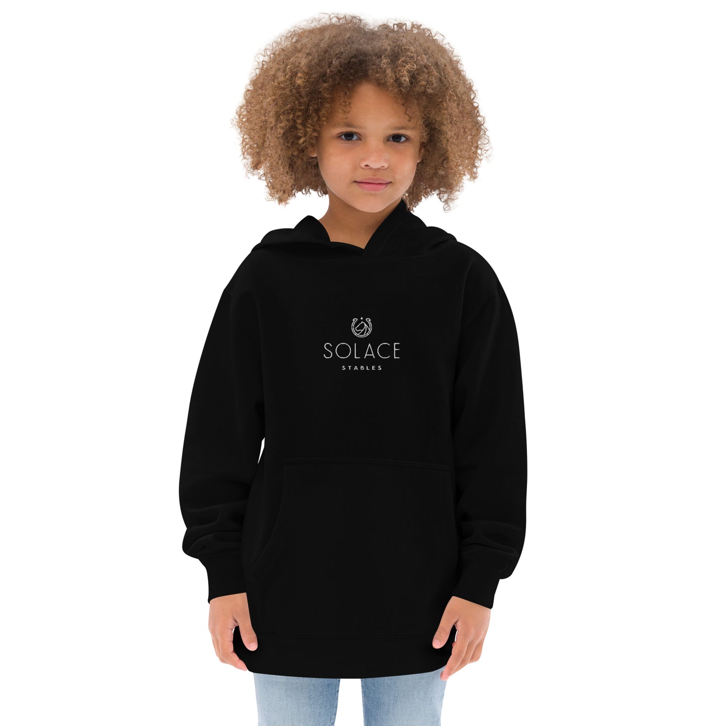 Children's Fleece Hoodie "SOLACE STABLES" Embroidered in Classic White on Basic Black or French Navy