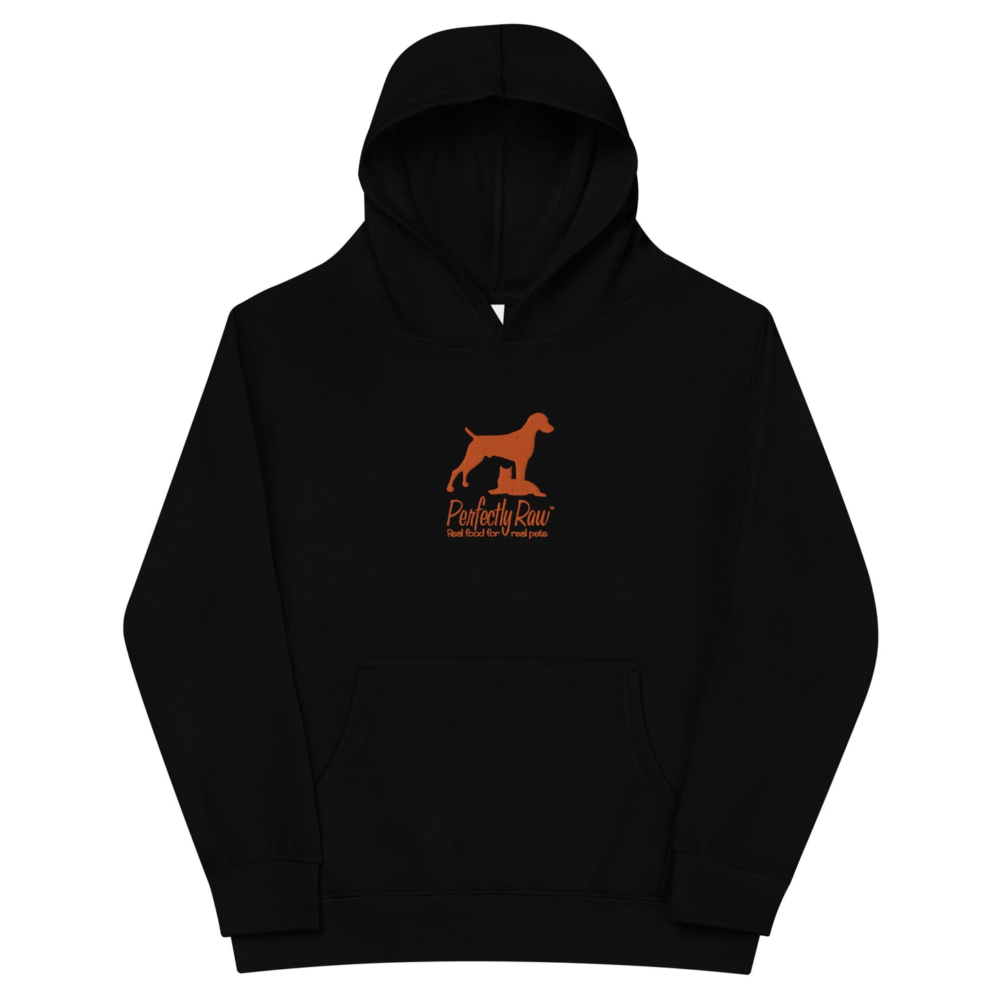 Children's Fleece Hoodie "PERFECTLY RAW PET FOOD" Embroidered in Pumpkin Orange on Classic White or Basic Black