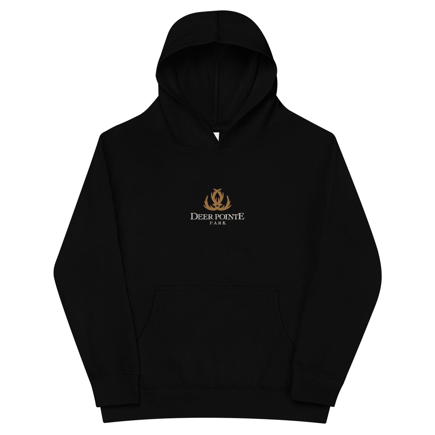 Children's Fleece Hoodie "DEER POINTE PARK" Embroidered in Classic White & Old Gold on Basic Black