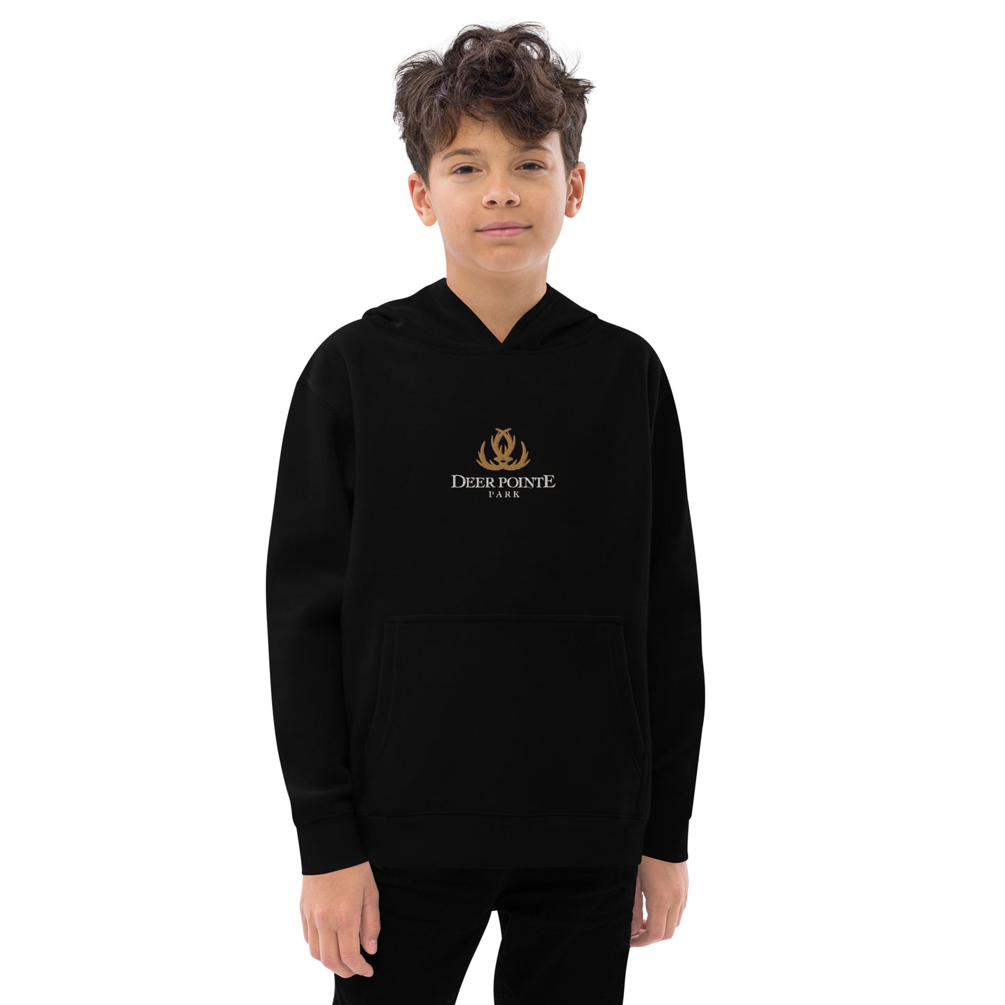 Children's Fleece Hoodie "DEER POINTE PARK" Embroidered in Classic White & Old Gold on Basic Black