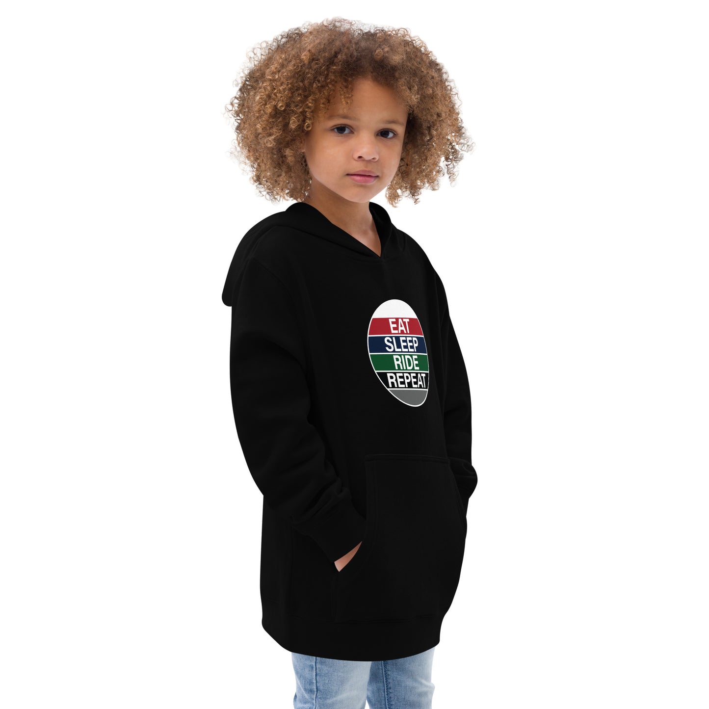 Children's Fleece Hoodie "EAT SLEEP RIDE REPEAT" in Basic Black or French Navy
