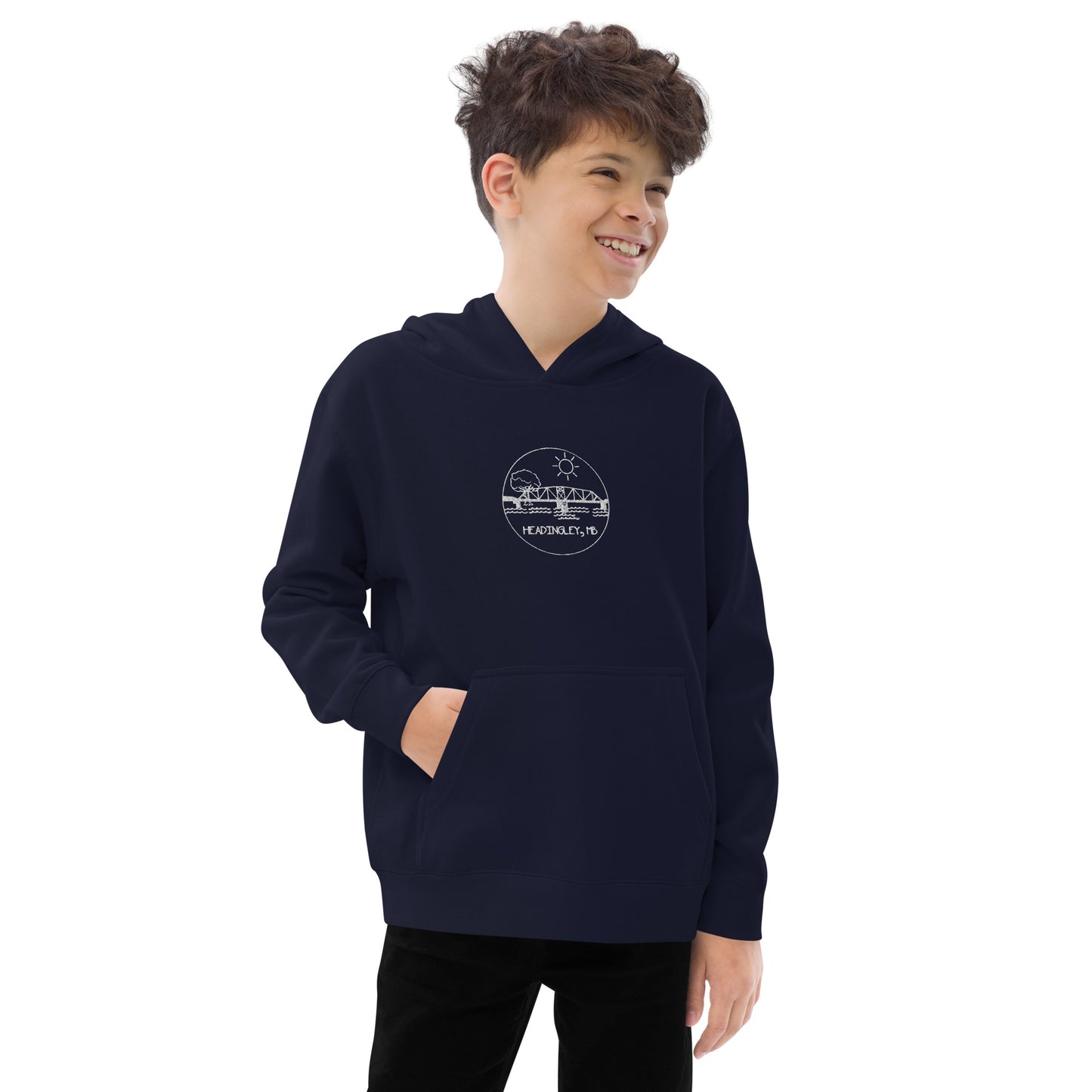 Children's Fleece Hoodie "HEADINGLEY, MB" Embroidered in Classic White on Basic Black or French Navy