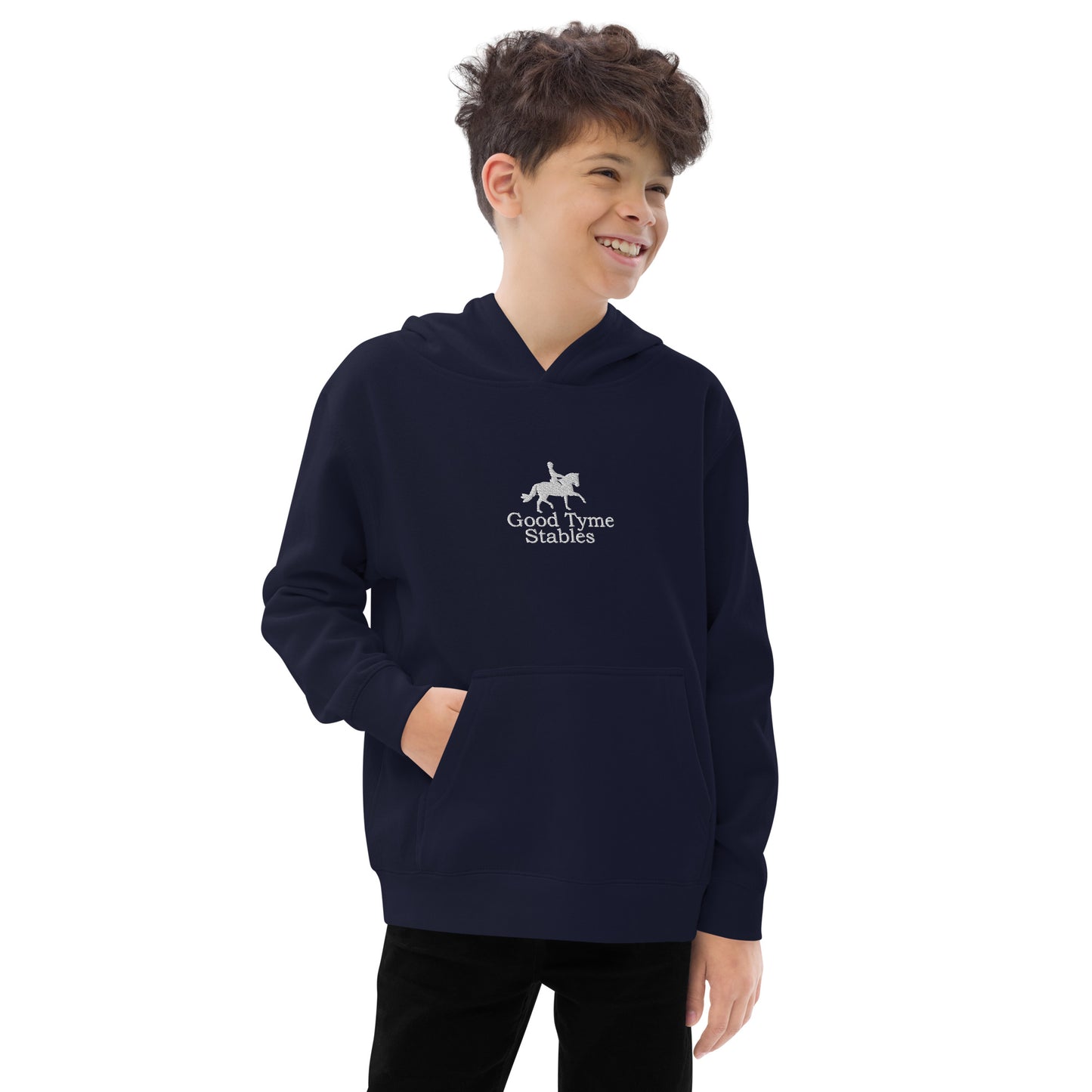 Children's Fleece Hoodie "GOOD TYME STABLES" Embroidered in Classic White on Basic Black or French Navy