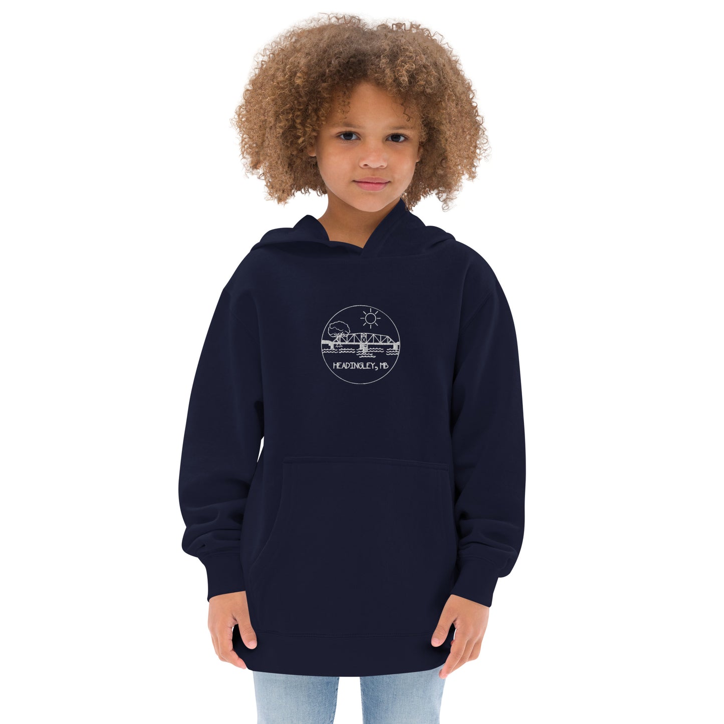 Children's Fleece Hoodie "HEADINGLEY, MB" Embroidered in Classic White on Basic Black or French Navy