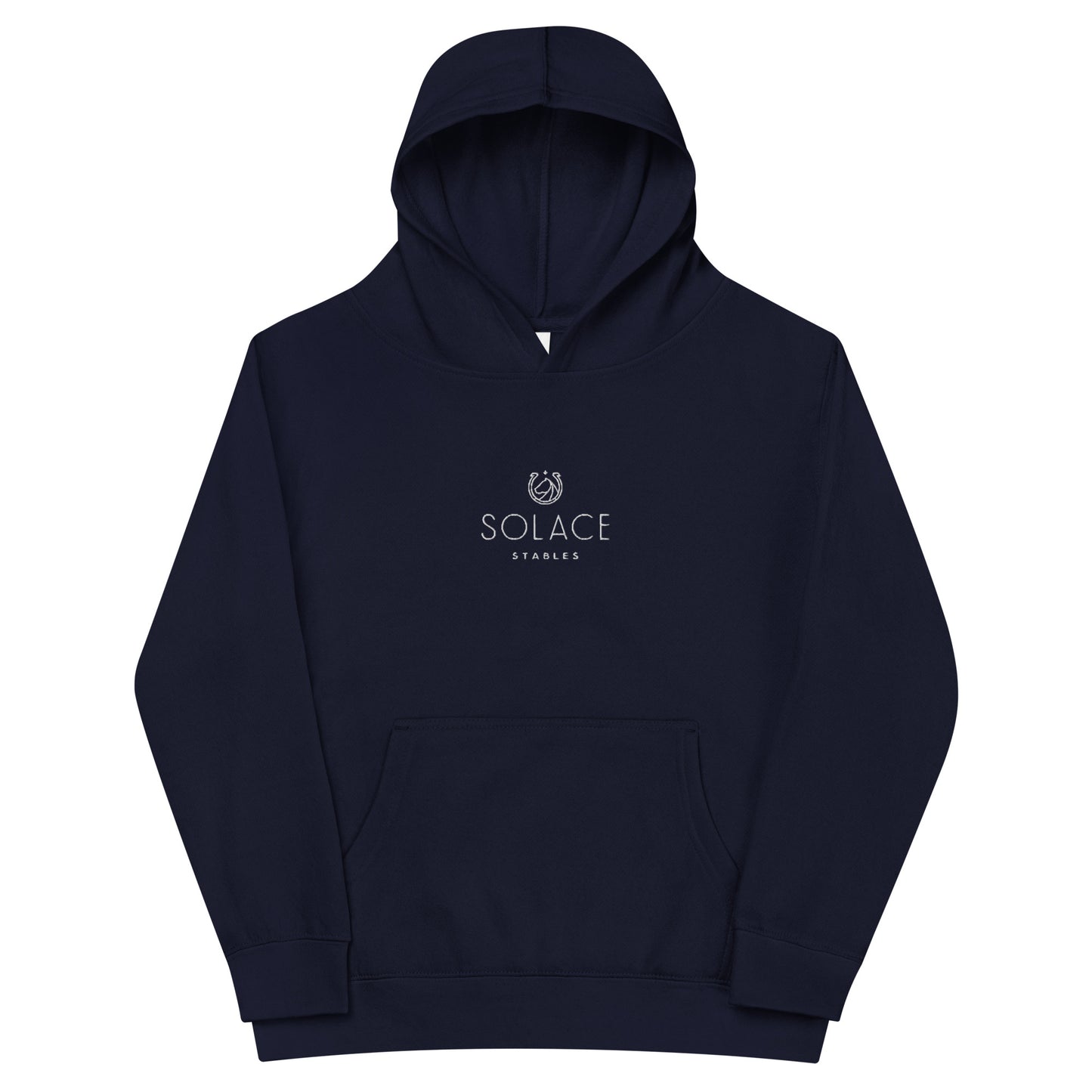 Children's Fleece Hoodie "SOLACE STABLES" Embroidered in Classic White on Basic Black or French Navy