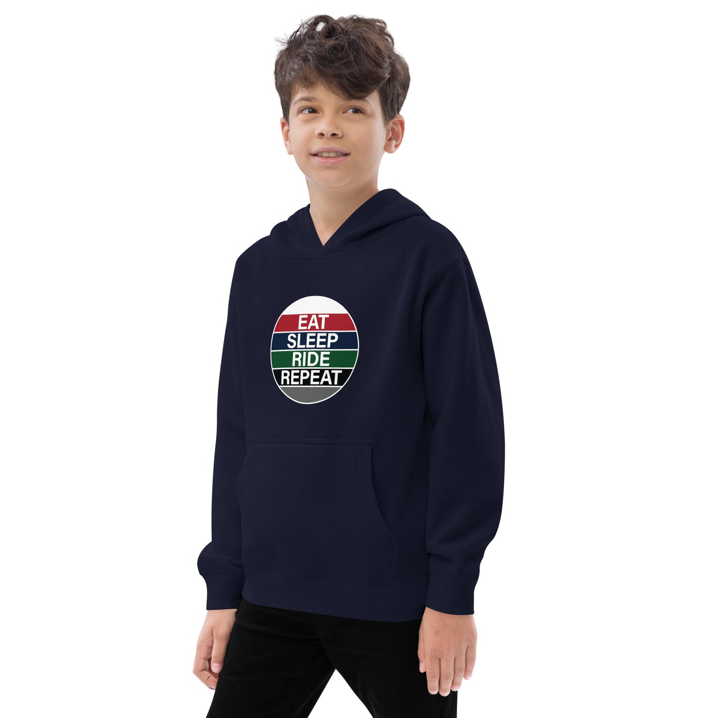 Children's Fleece Hoodie "EAT SLEEP RIDE REPEAT" in Basic Black or French Navy