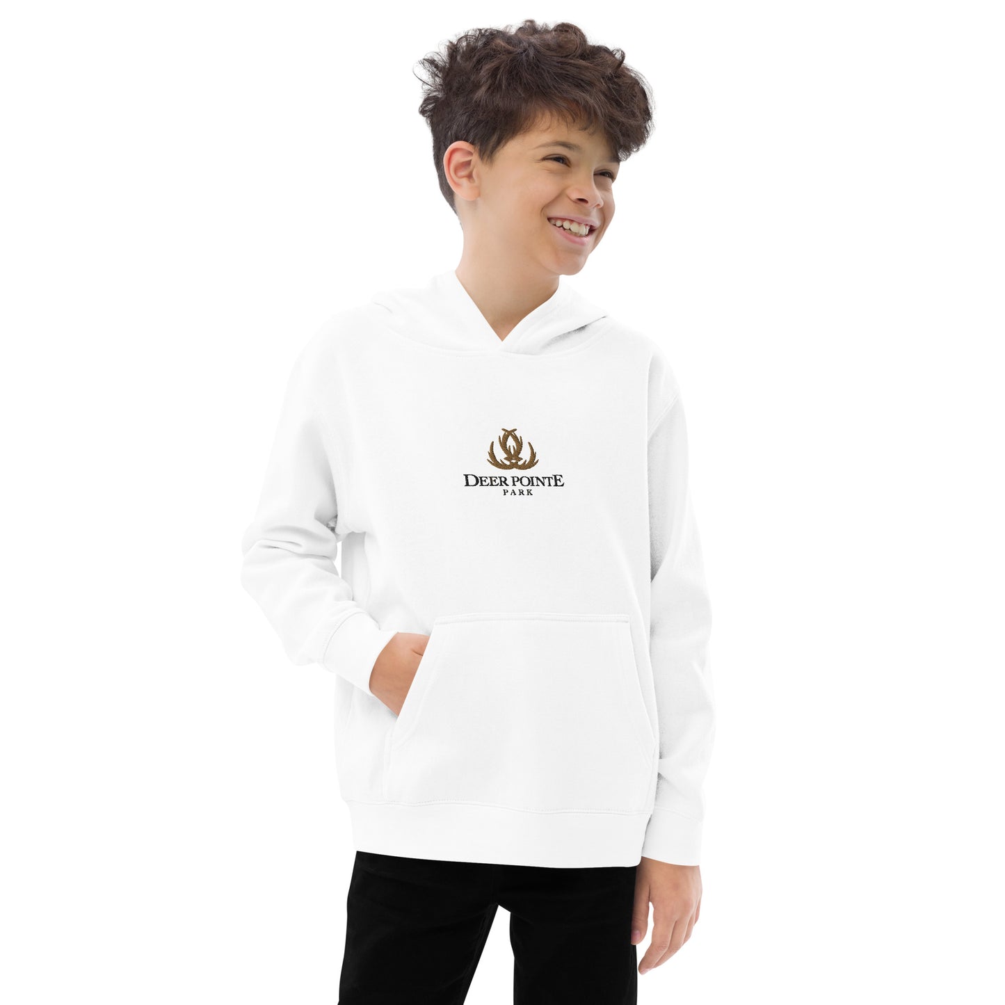 Children's Fleece Hoodie "DEER POINTE PARK" Embroidered in Basic Black & Old Gold on Classic White
