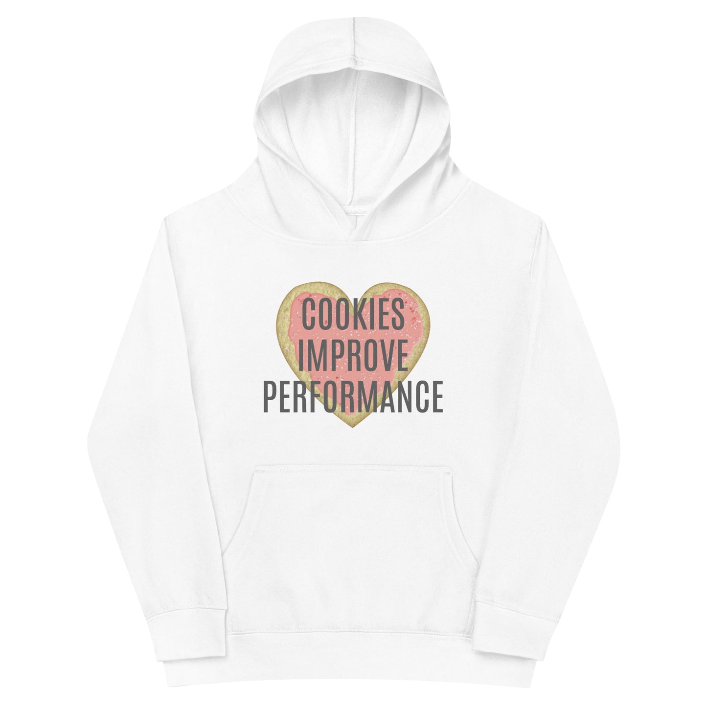 Children's Fleece Hoodie "COOKIES IMPROVE PERFORMANCE" Heart in Classic White or Heather Grey