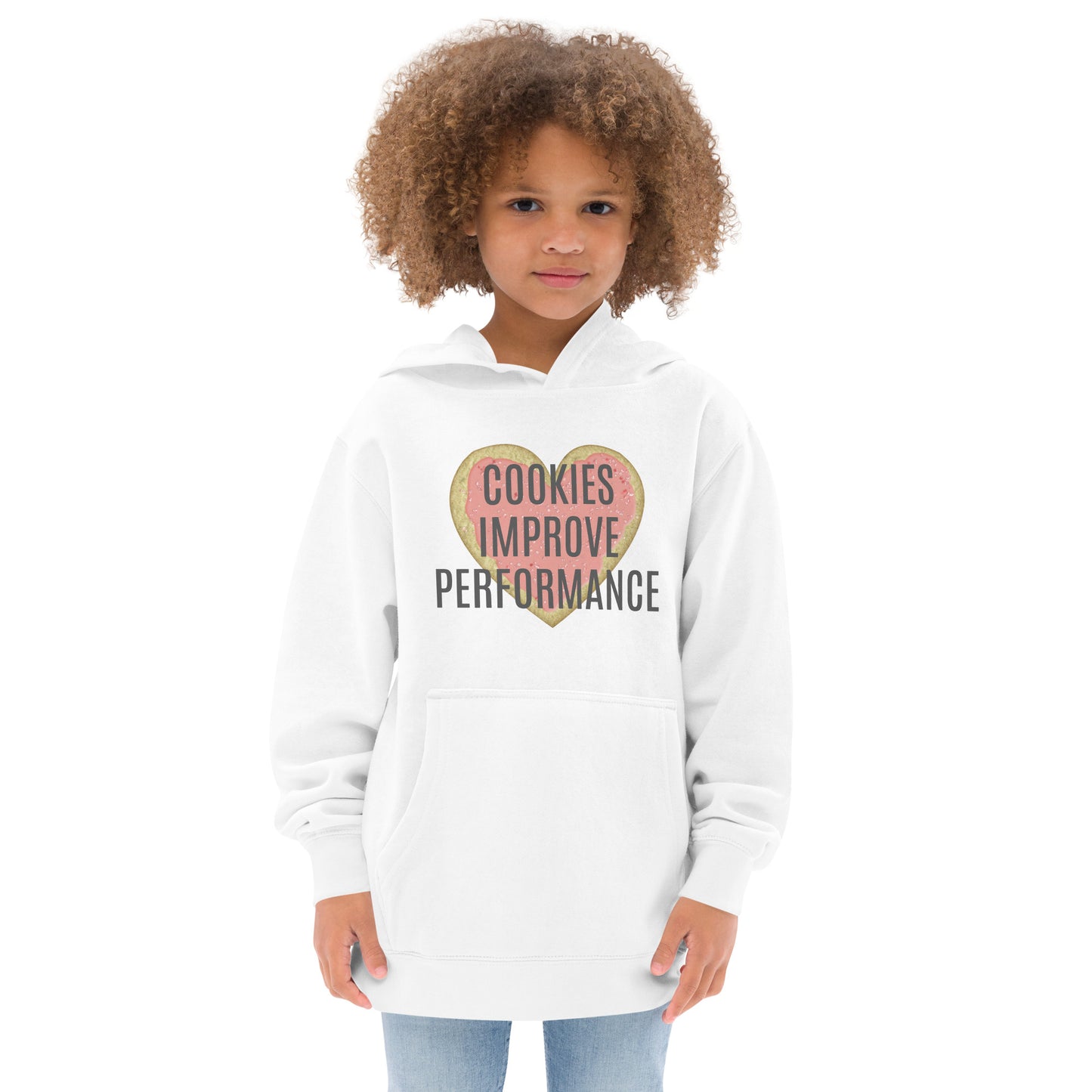 Children's Fleece Hoodie "COOKIES IMPROVE PERFORMANCE" Heart in Classic White or Heather Grey