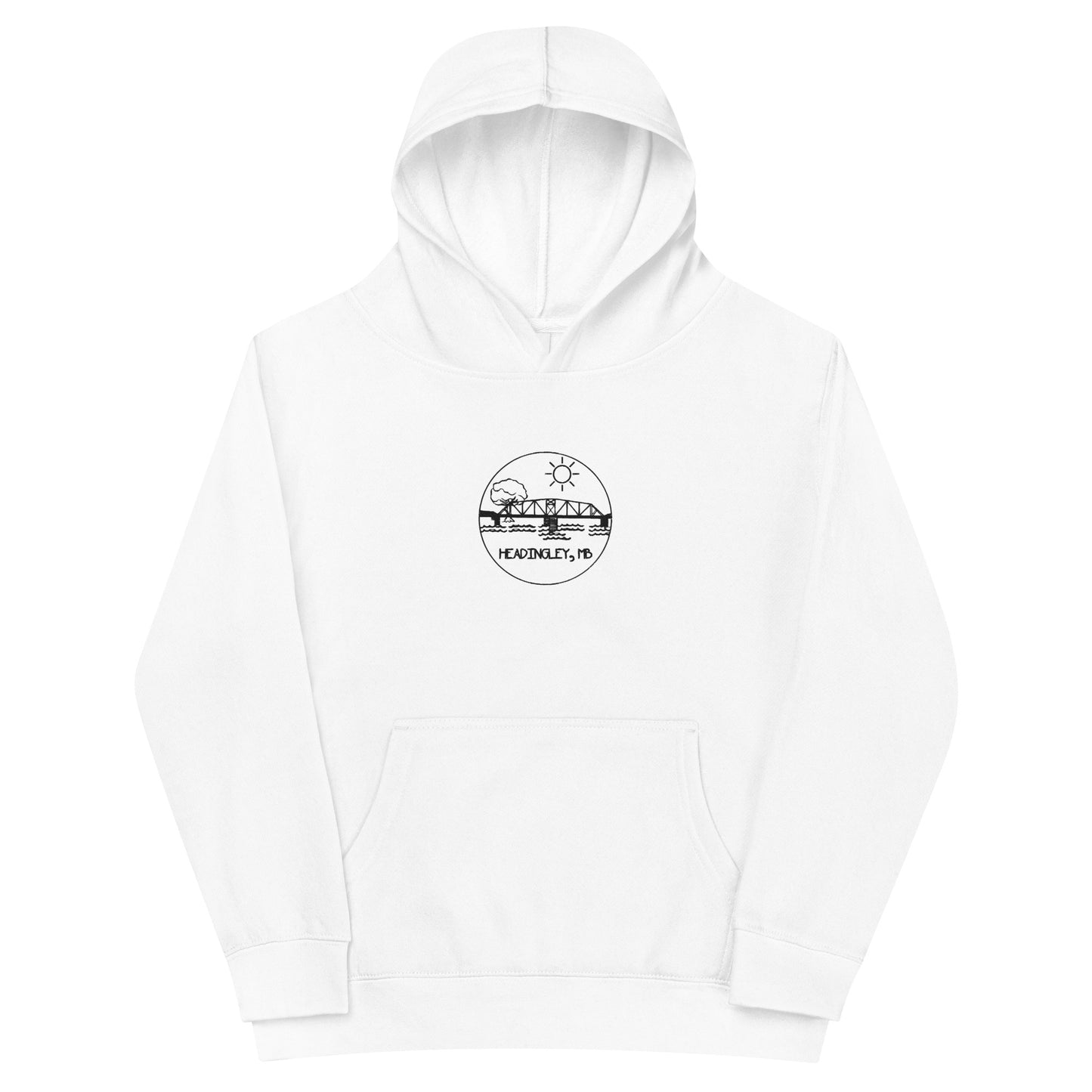 Children's Fleece Hoodie "HEADINGLEY, MB" Embroidered in Basic Black on Classic White or Heather Grey
