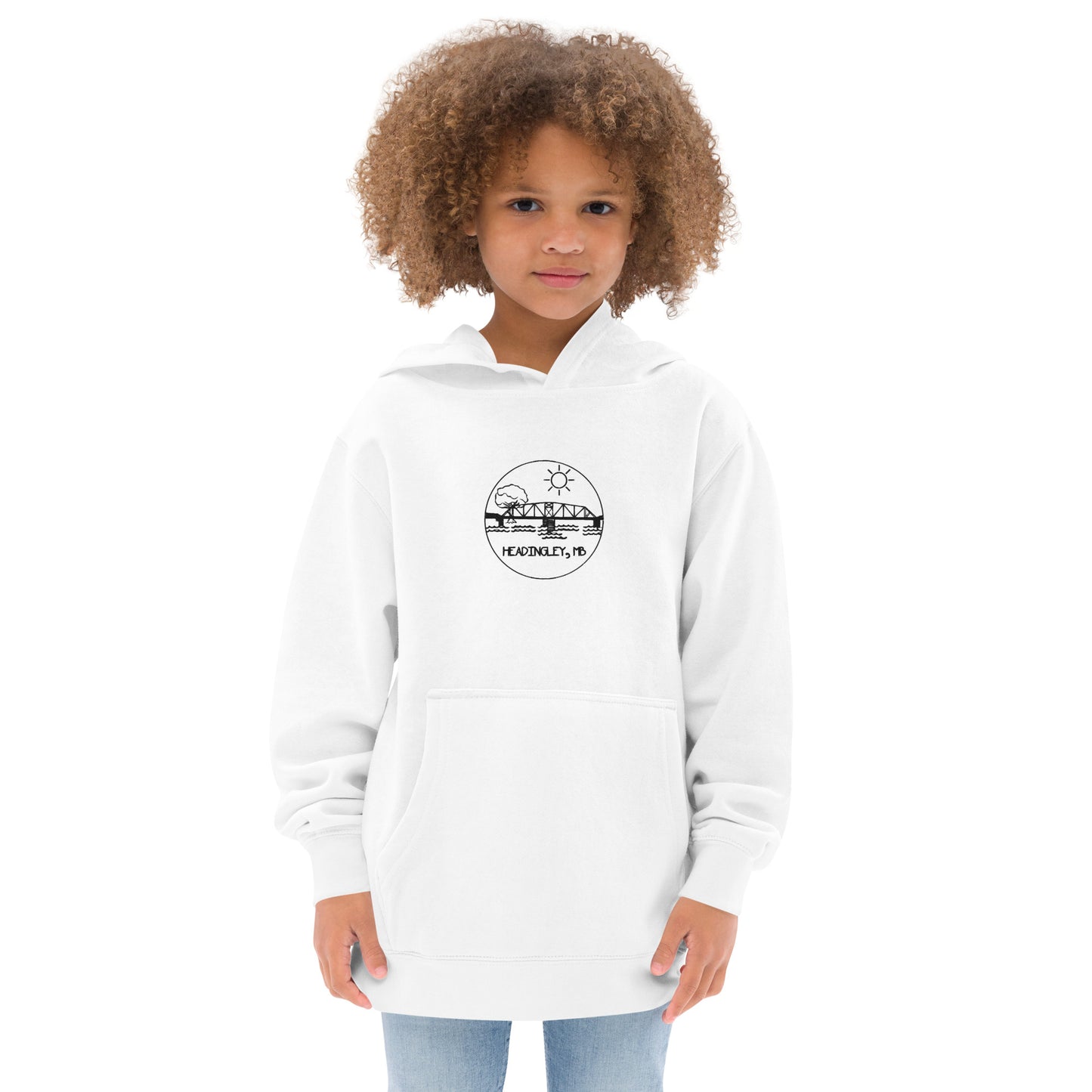 Children's Fleece Hoodie "HEADINGLEY, MB" Embroidered in Basic Black on Classic White or Heather Grey