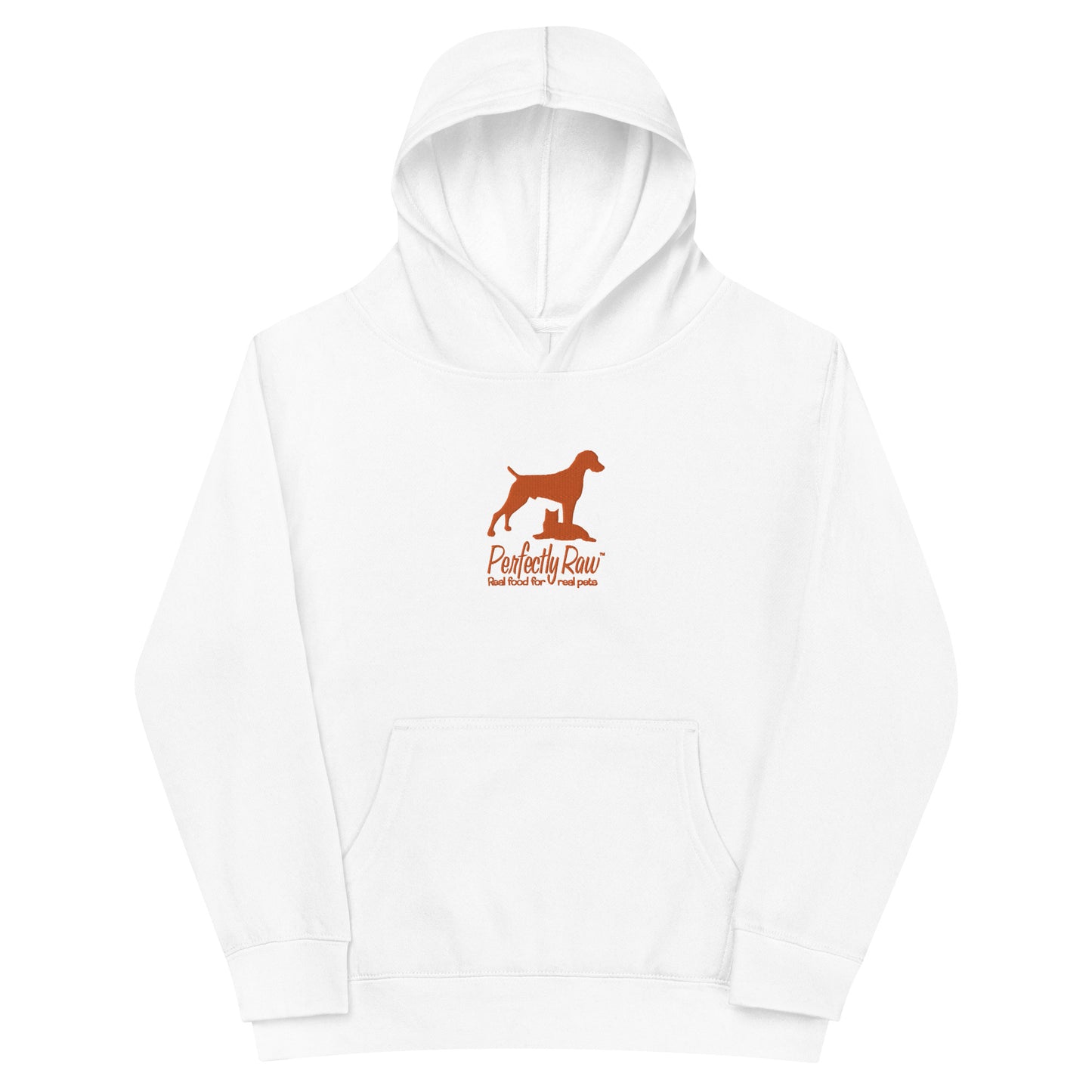 Children's Fleece Hoodie "PERFECTLY RAW PET FOOD" Embroidered in Pumpkin Orange on Classic White or Basic Black