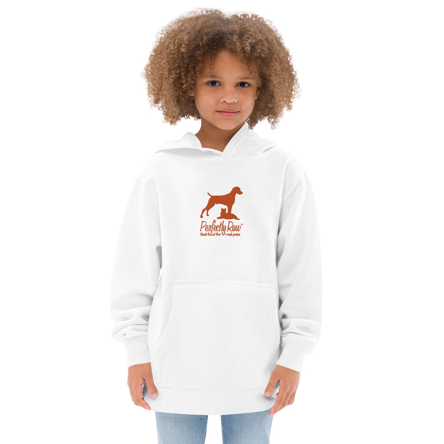 Children's Fleece Hoodie "PERFECTLY RAW PET FOOD" Embroidered in Pumpkin Orange on Classic White or Basic Black