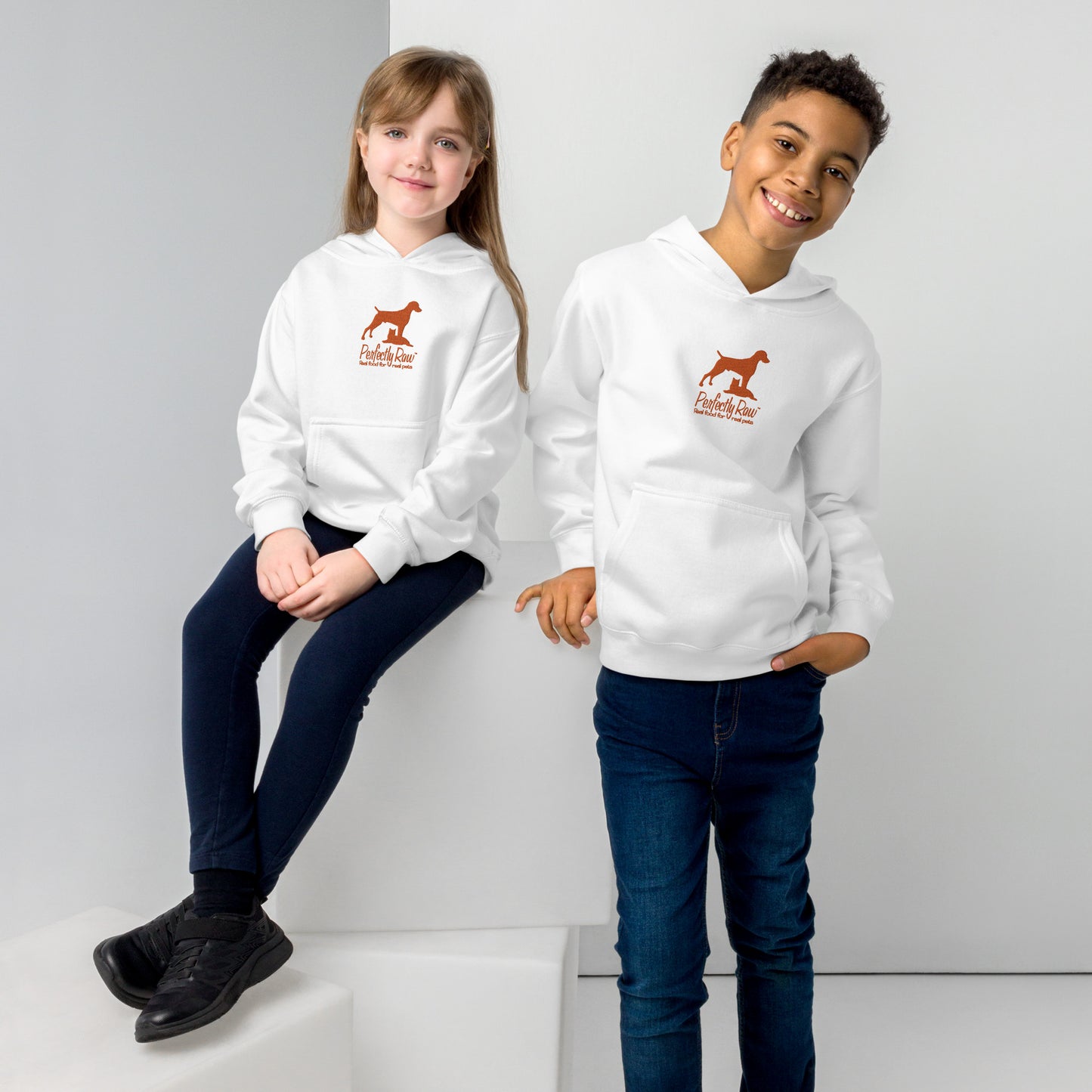 Children's Fleece Hoodie "PERFECTLY RAW PET FOOD" Embroidered in Pumpkin Orange on Classic White or Basic Black