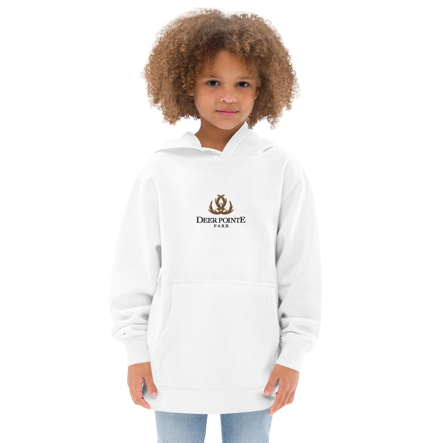Children's Fleece Hoodie "DEER POINTE PARK" Embroidered in Basic Black & Old Gold on Classic White