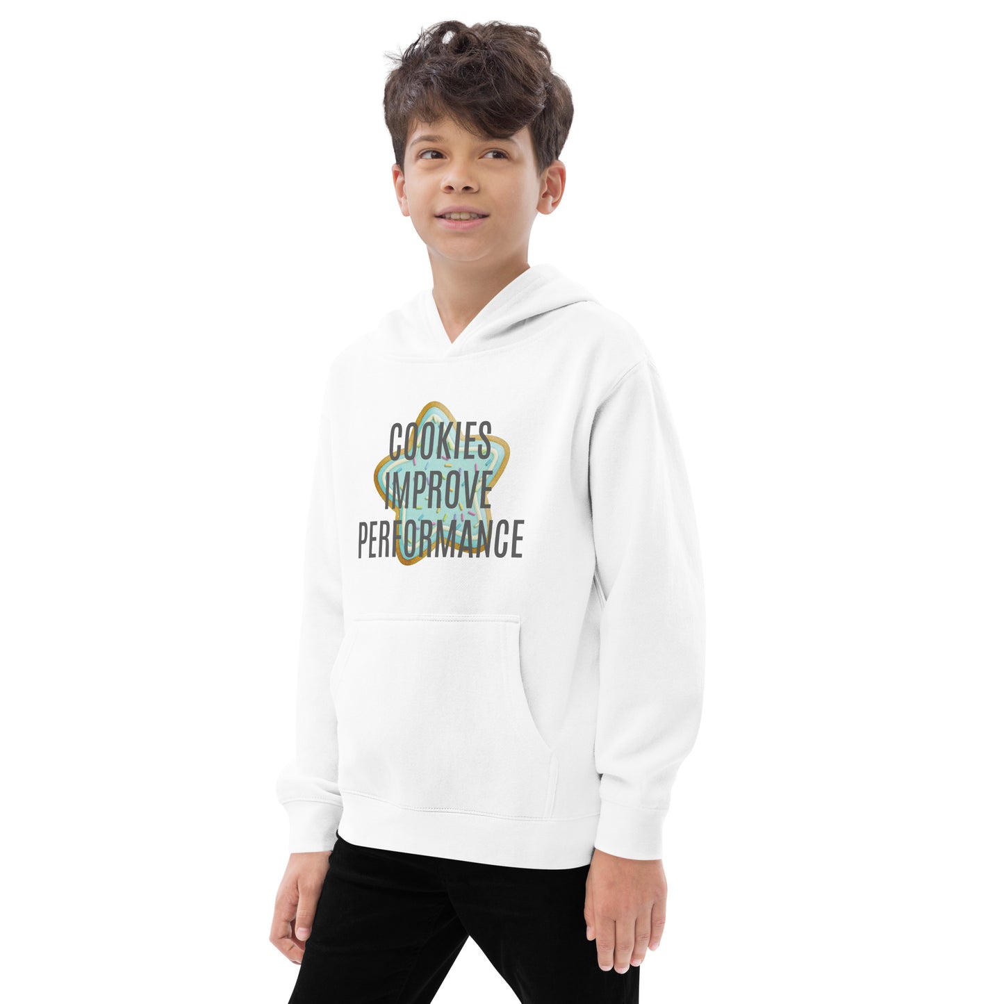 Children's Fleece Hoodie "COOKIES IMPROVE PERFORMANCE" Star in Classic White or Heather Grey