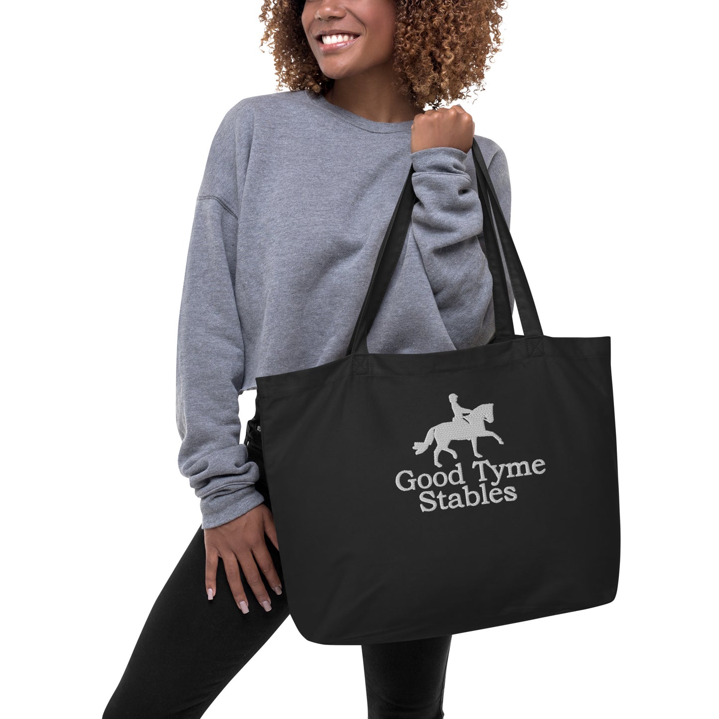 Large Tote Bag "GOOD TYME STABLES" Embroidered in Classic White on Basic Black