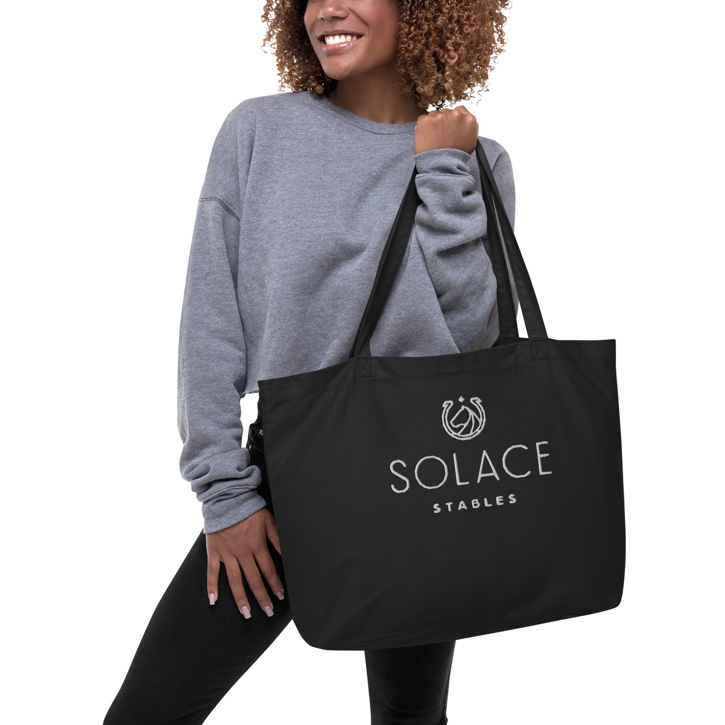 Large Tote Bag "SOLACE STABLES" Embroidered in Classic White on Basic Black