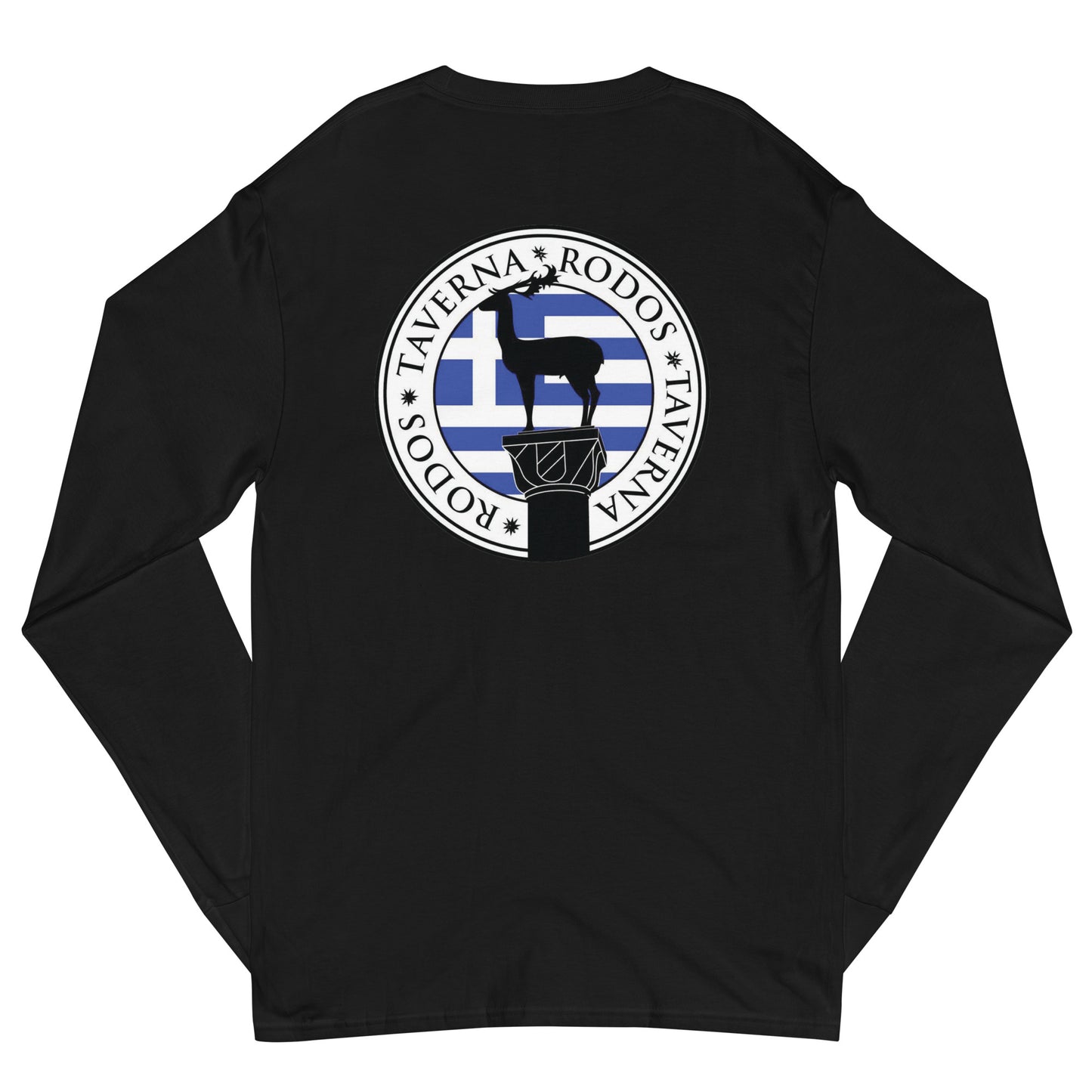 Men's Long-Sleeved Shirt "TAVERNA RODOS" Printed on Back in Classic White or Basic Black