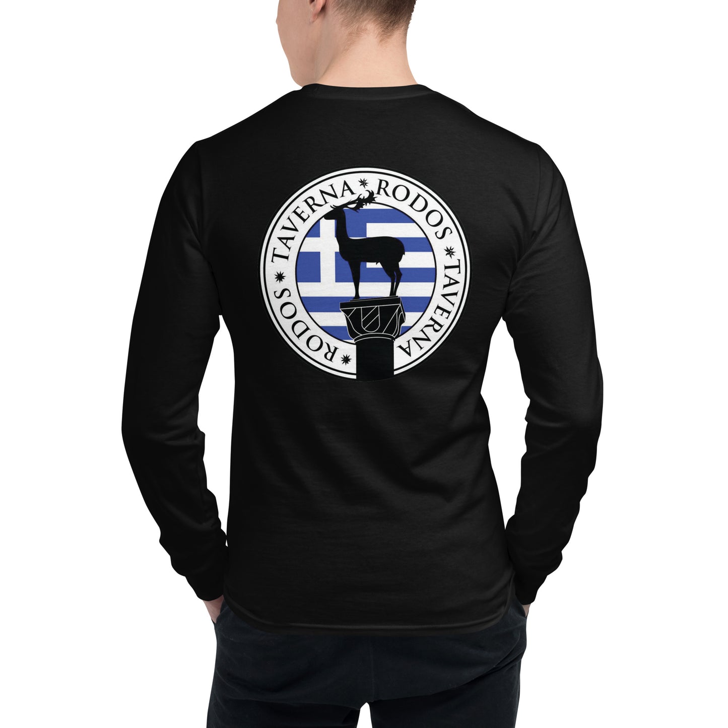 Men's Long-Sleeved Shirt "TAVERNA RODOS" Printed on Back in Classic White or Basic Black