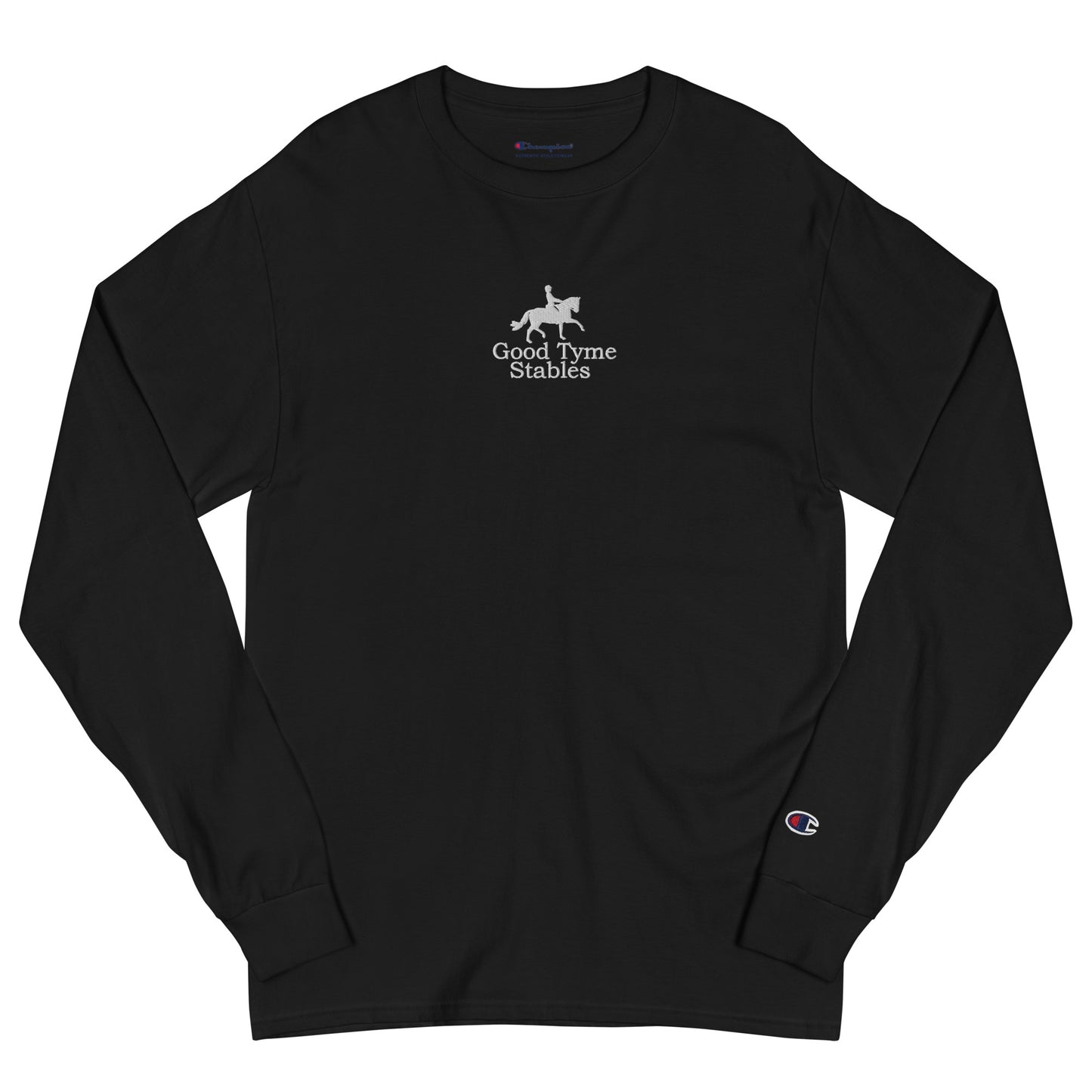 Men's Long-Sleeved Shirt "GOOD TYME STABLES" Embroidered in Classic White on Basic Black