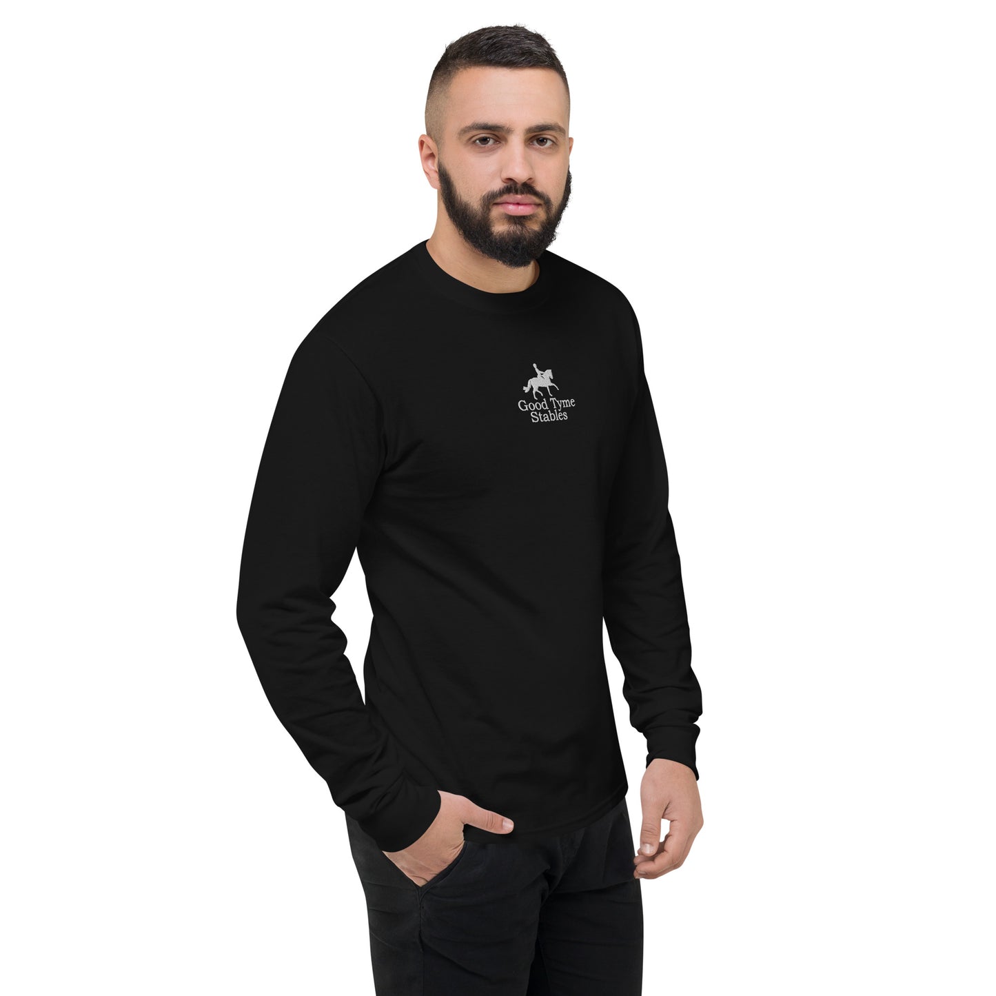 Men's Long-Sleeved Shirt "GOOD TYME STABLES" Embroidered in Classic White on Basic Black