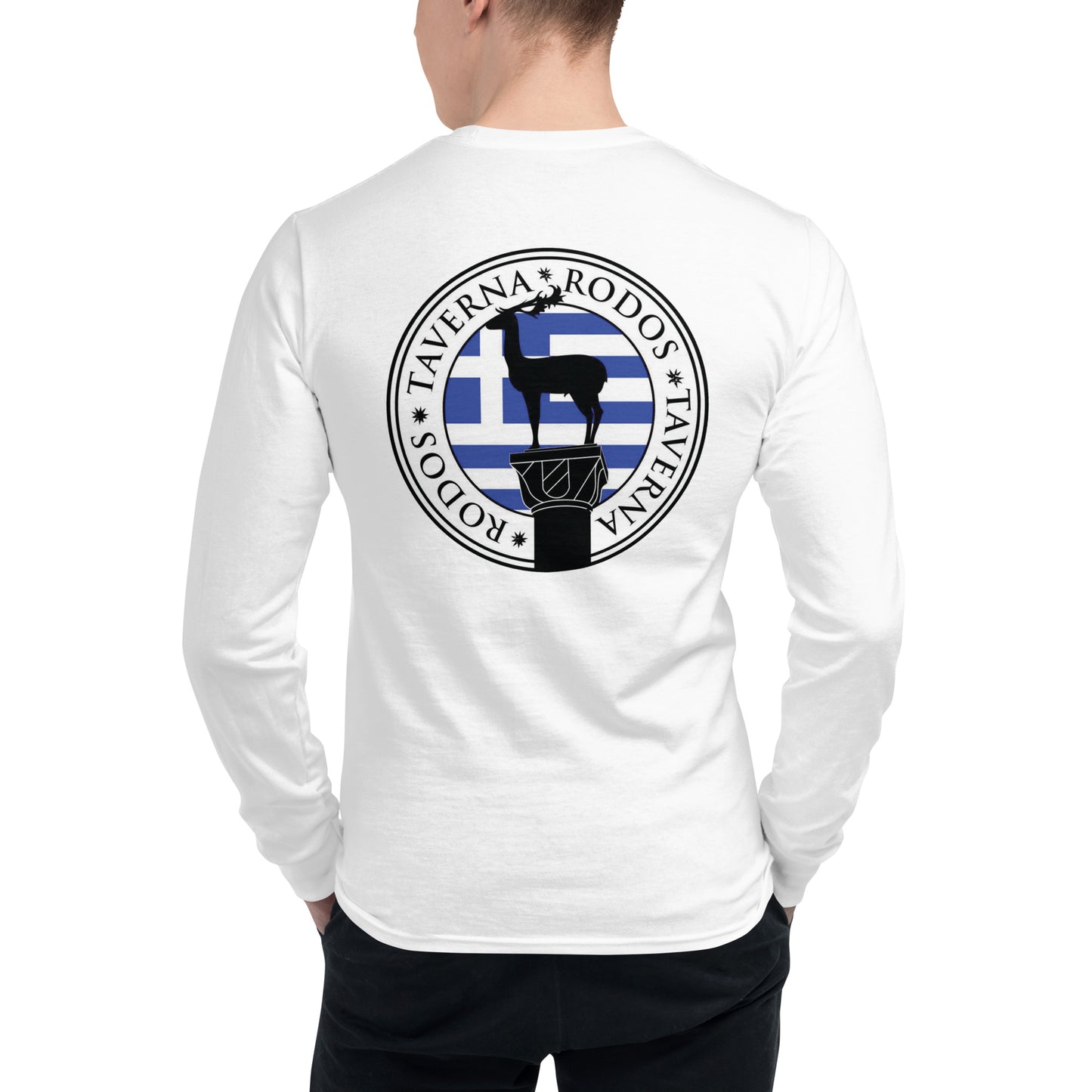 Men's Long-Sleeved Shirt "TAVERNA RODOS" Printed on Back in Classic White or Basic Black